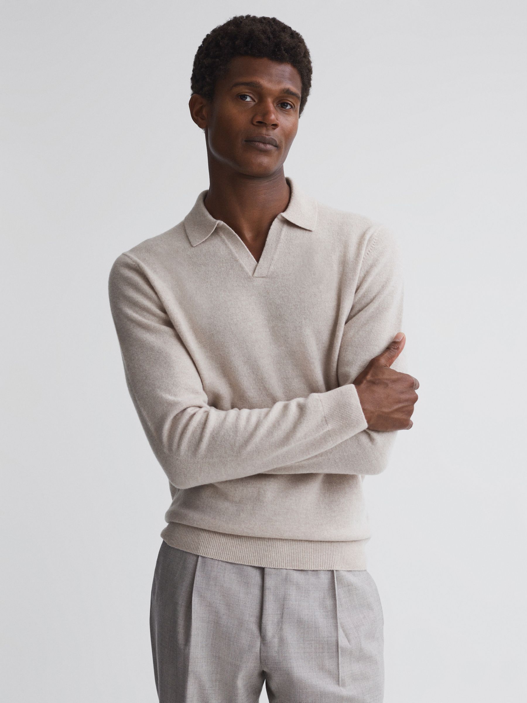 Reiss Swifts Wool Blend Knit Polo Shirt, Oatmeal Melange at John Lewis ...