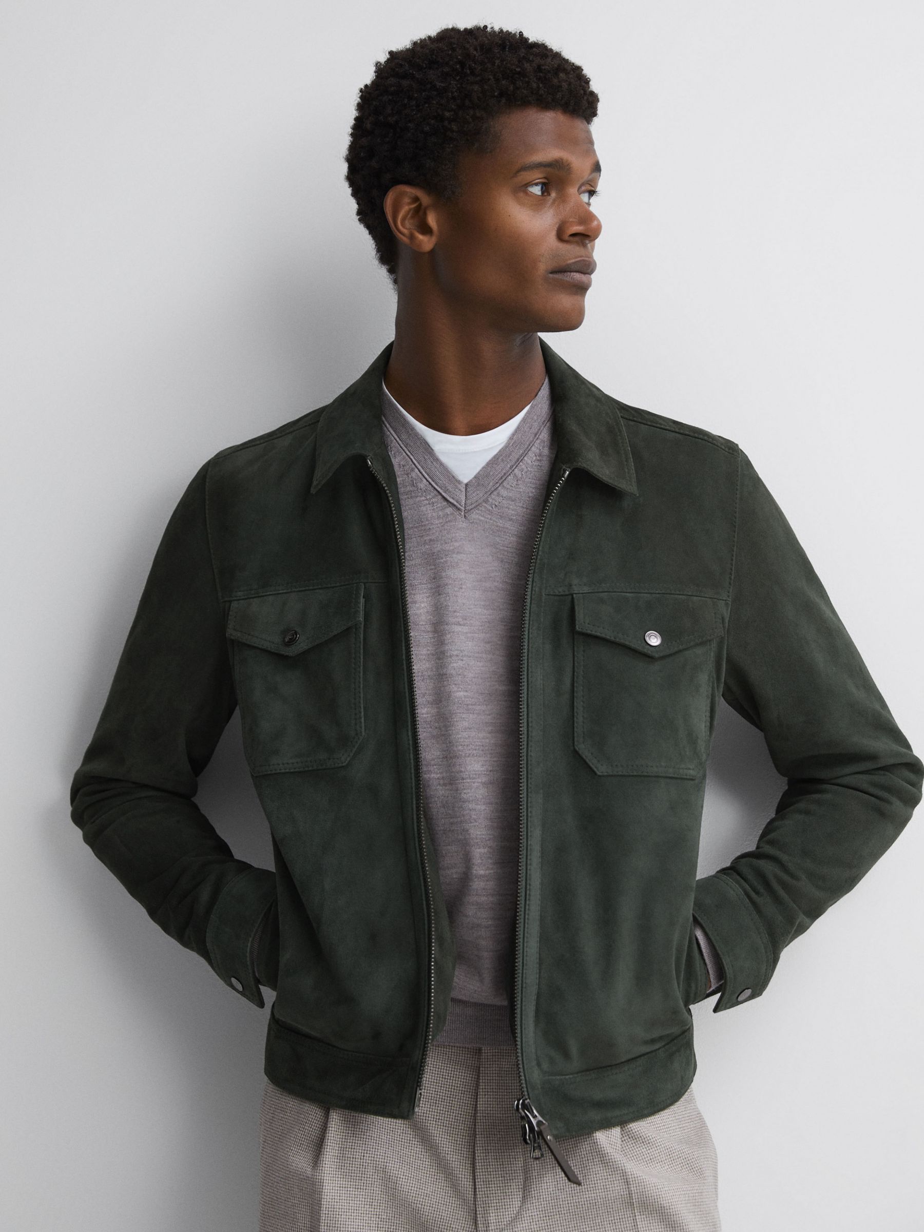 Reiss Pike Long Sleeve Suede Zip Through Jacket, Forest Green at John ...