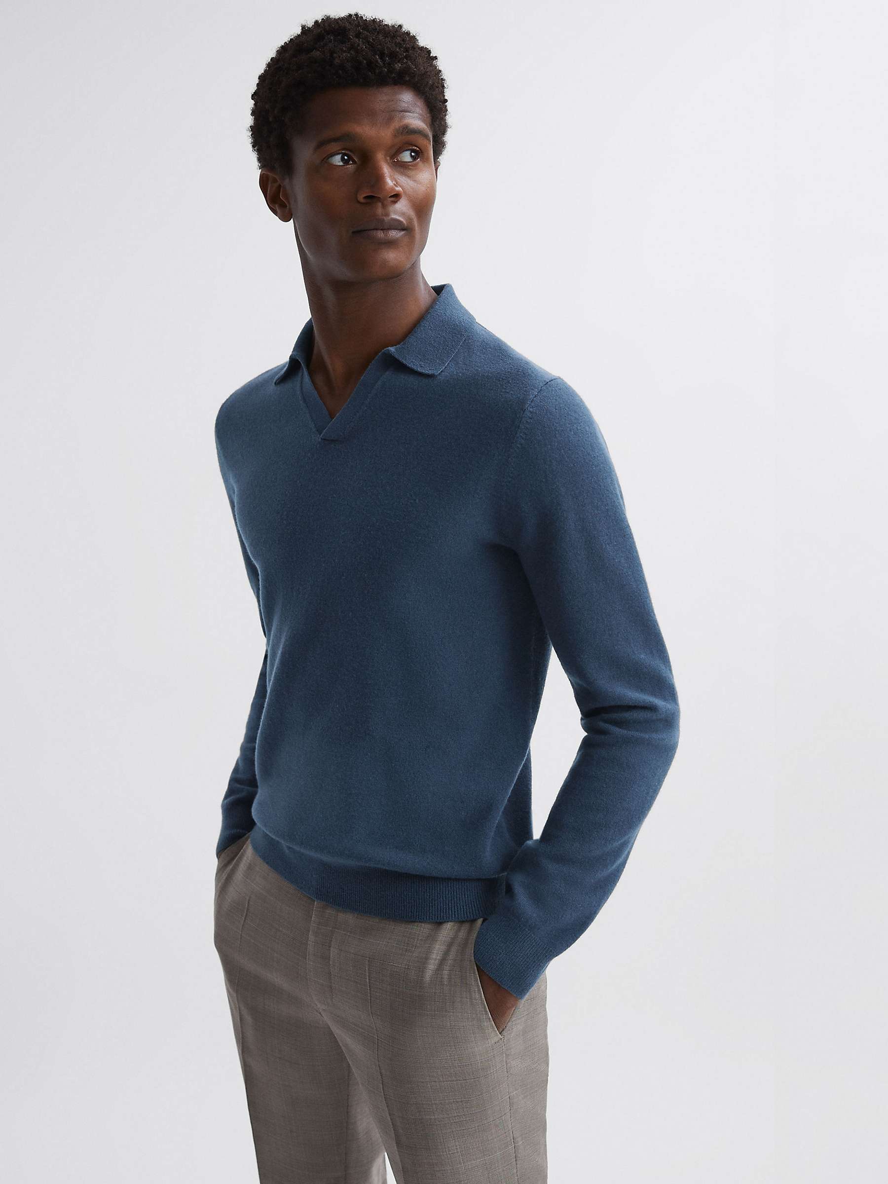 Reiss Swifts Wool Blend Knit Polo Shirt, Petrol Blue at John Lewis ...