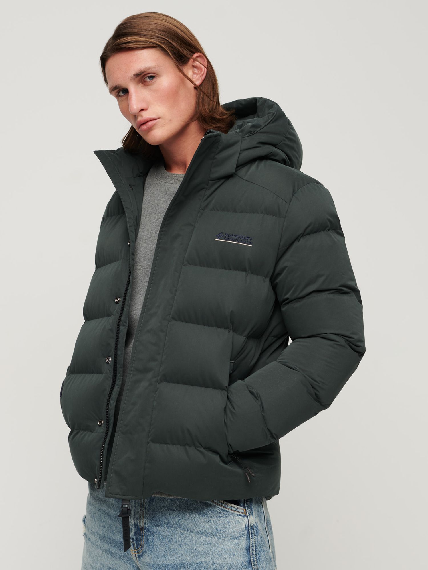 Superdry Hooded Microfibre Sports Puffer Jacket, Academy Dark Green at ...