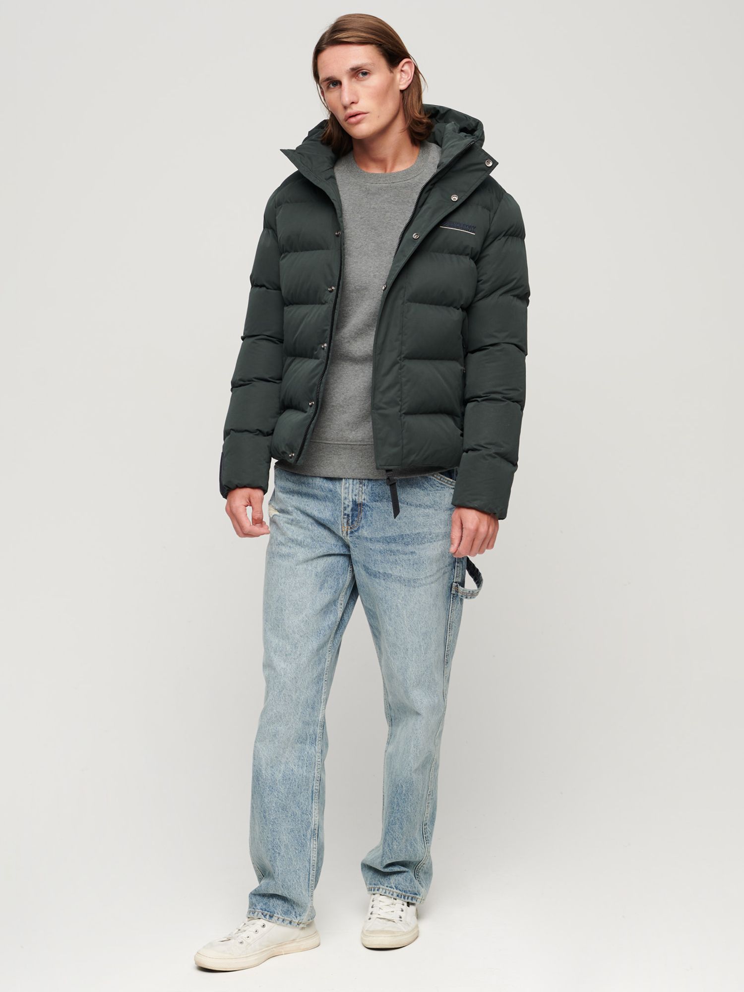 Superdry Hooded Microfibre Sports Puffer Jacket, Academy Dark Green at ...