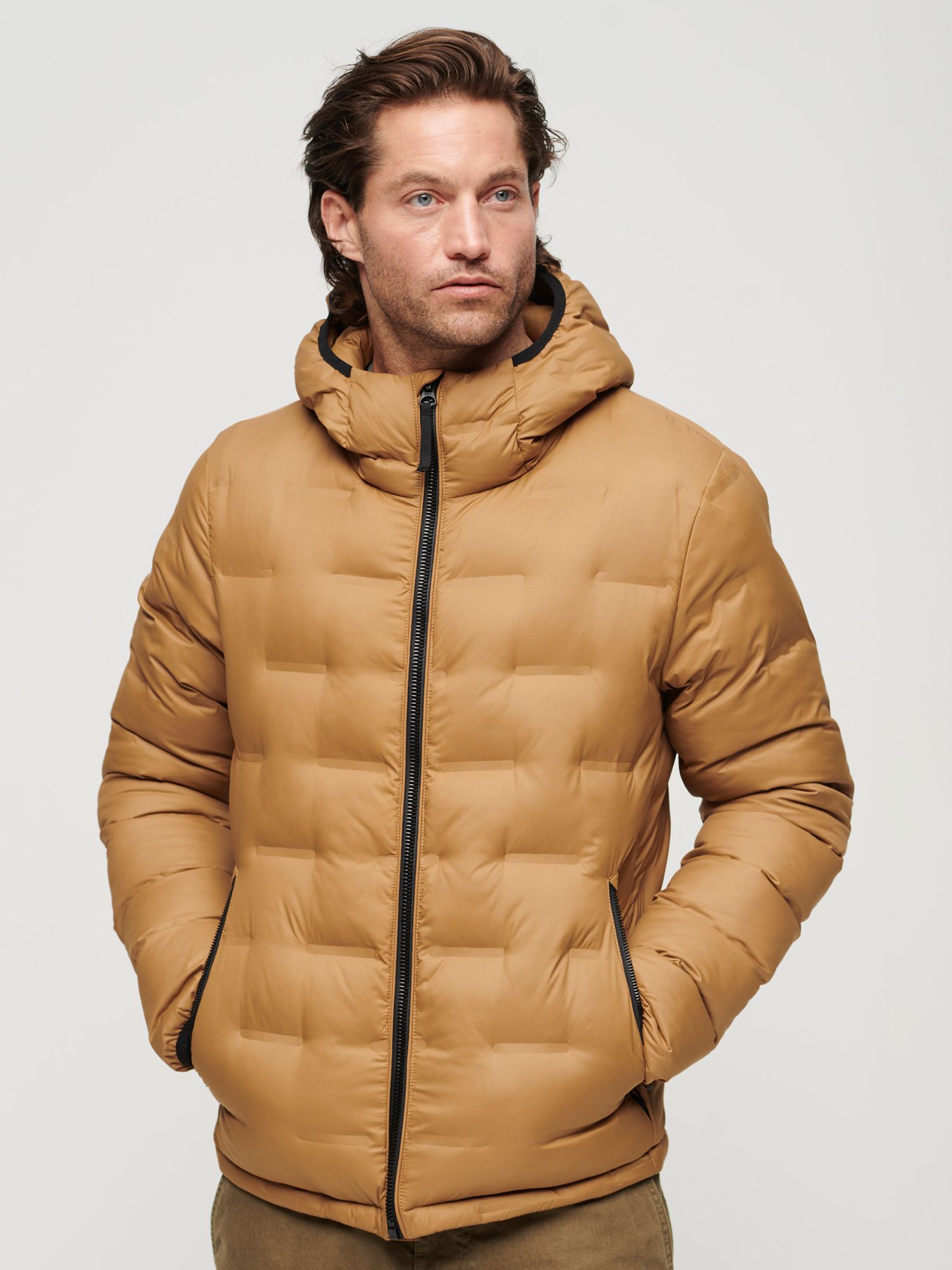 Superdry Short Quilted Puffer Jacket, Dark Tobacco Brown at John Lewis ...