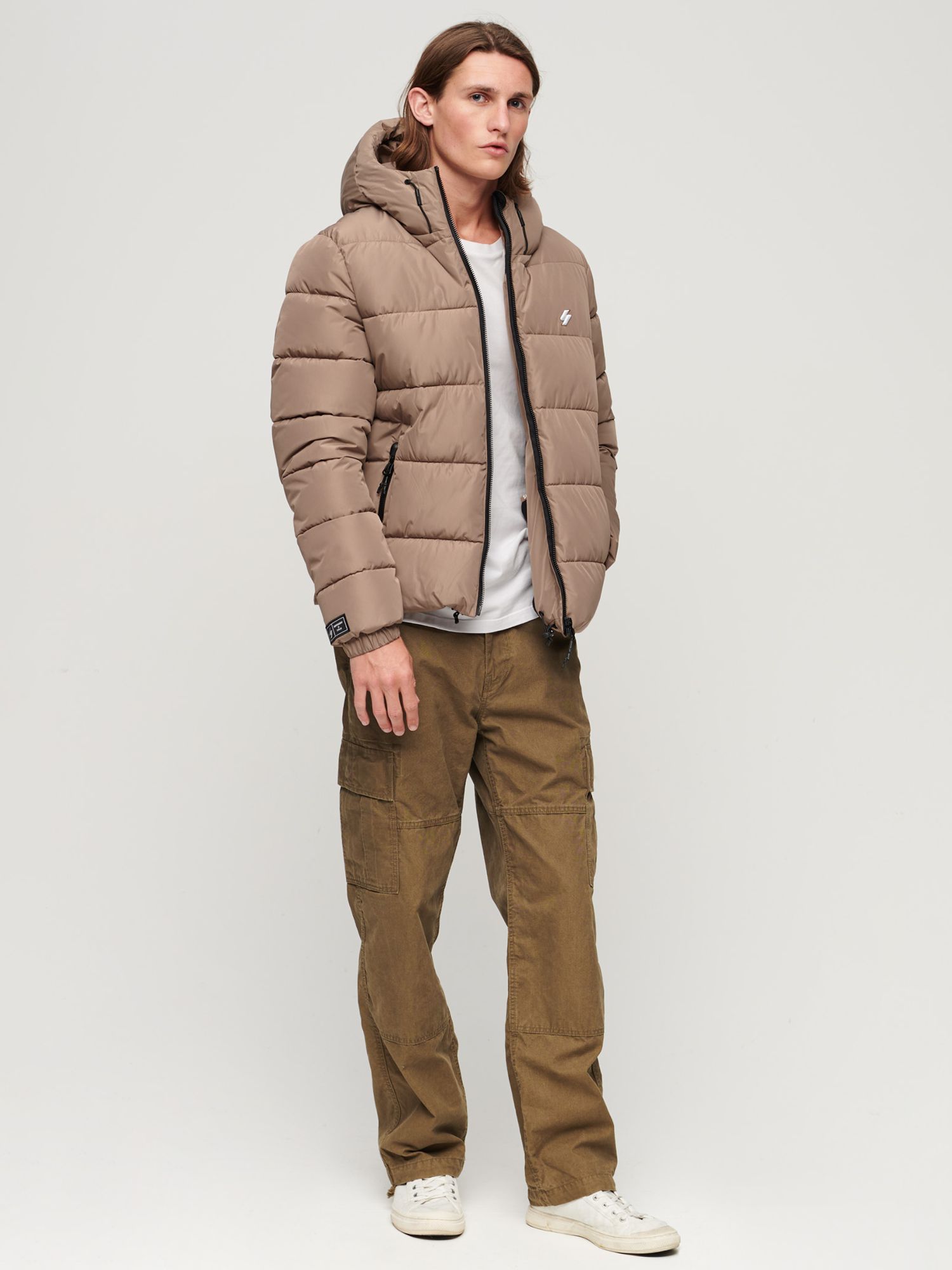 Superdry Hooded Sports Puffer Jacket, Fossil Brown at John Lewis & Partners