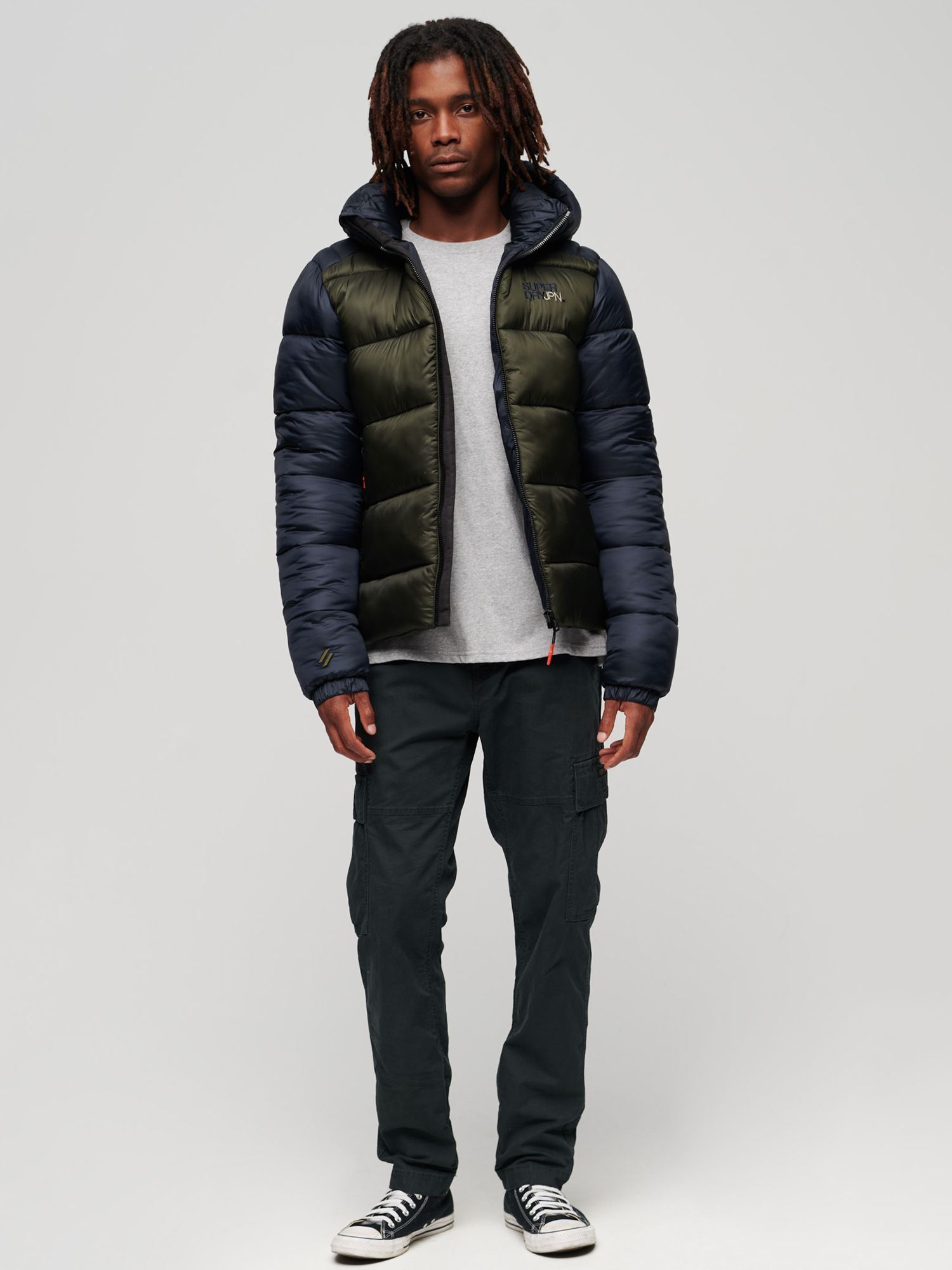 Superdry Hooded Colour Block Sports Puffer Jacket, Navy/Dark Moss at ...