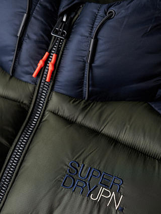 Superdry Hooded Colour Block Sports Puffer Jacket, Navy/Dark Moss