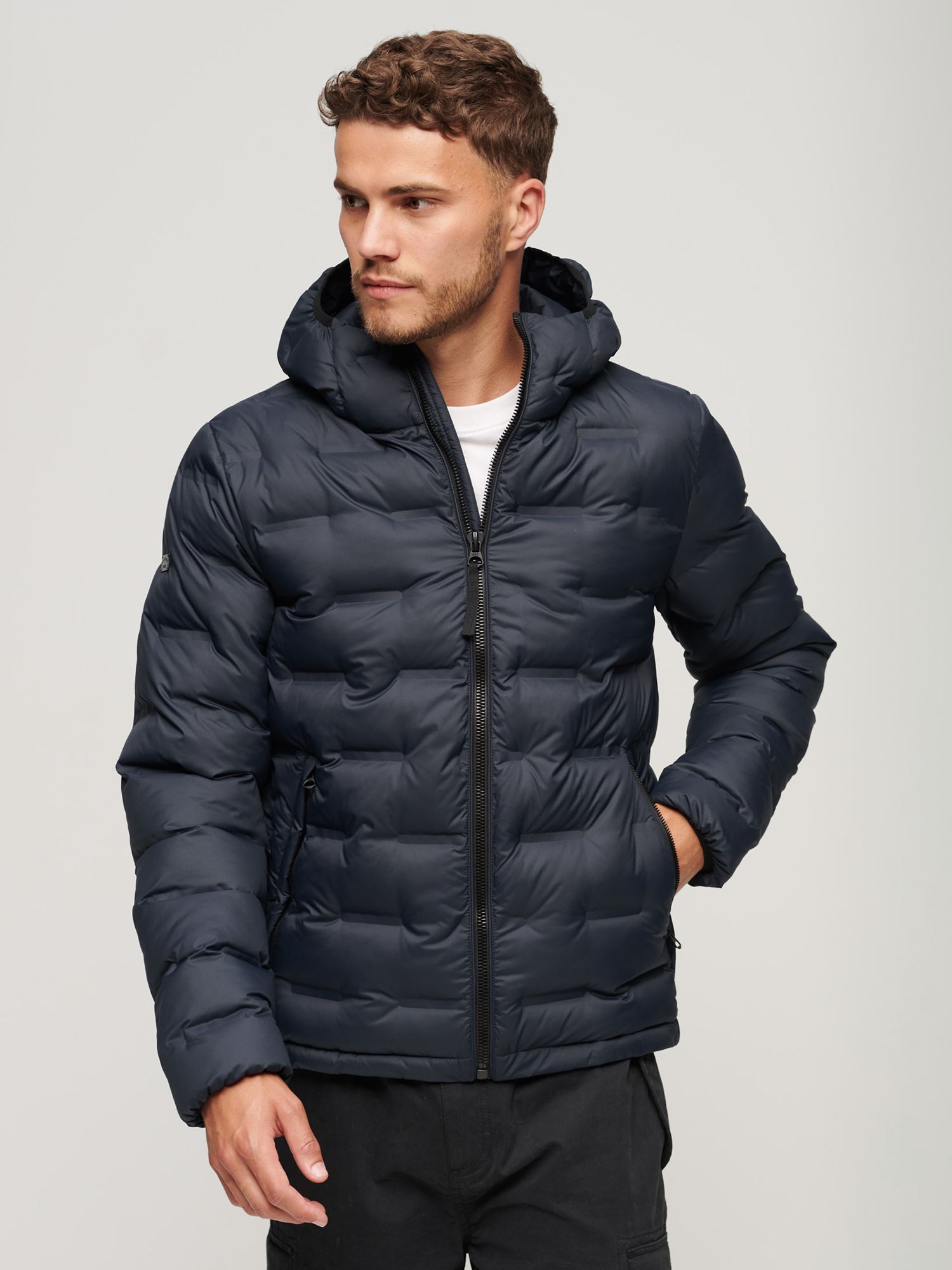 Superdry Short Quilted Puffer Jacket, Eclipse Navy at John Lewis & Partners