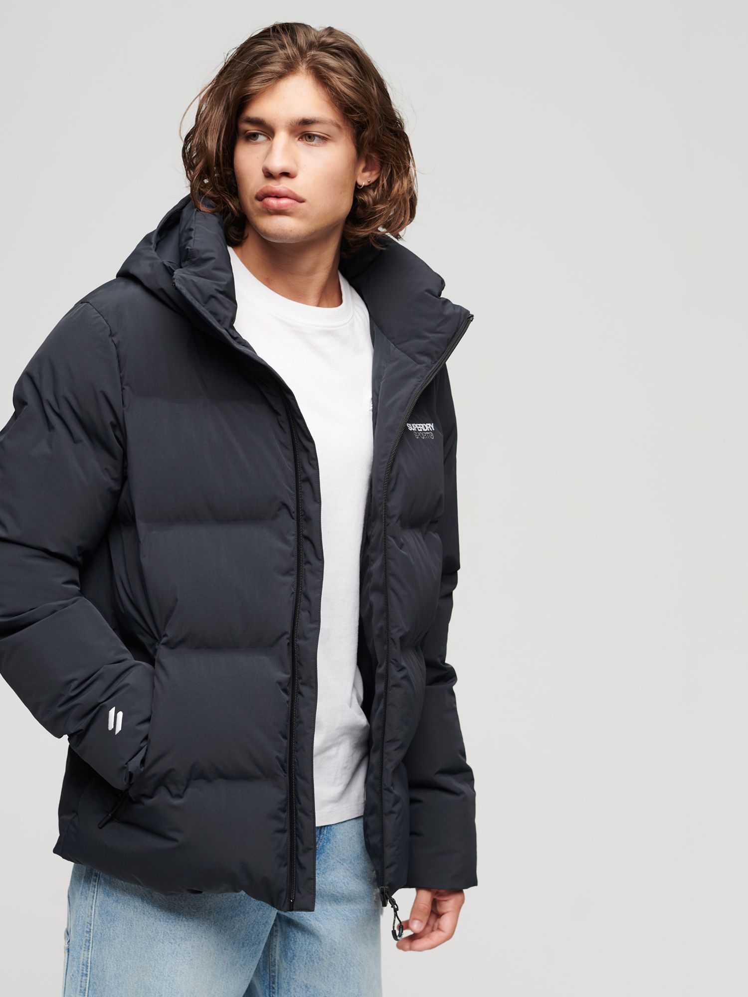 Superdry Hooded Boxy Puffer Jacket, Eclipse Navy at John Lewis & Partners