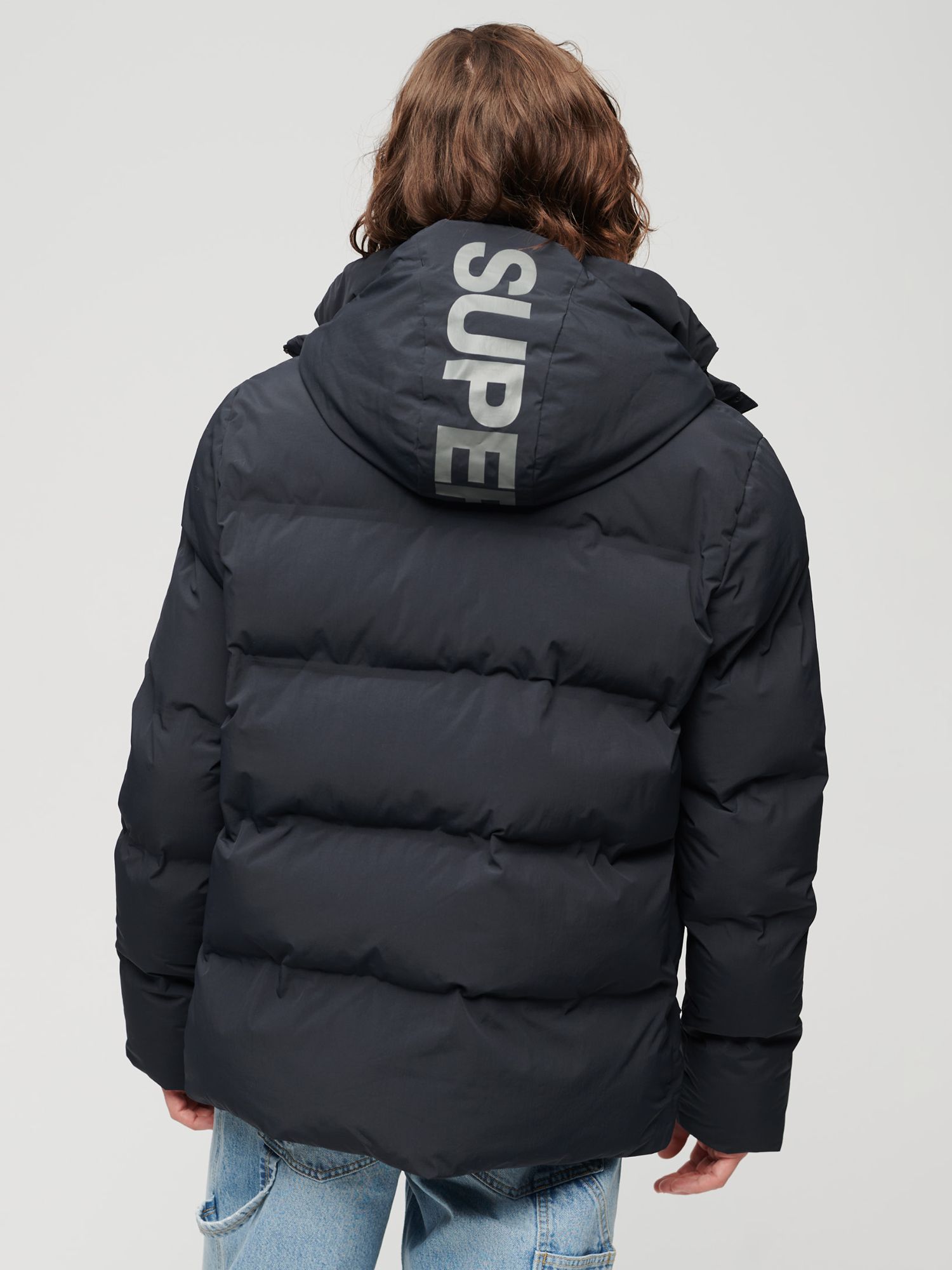 Superdry Hooded Boxy Puffer Jacket, Eclipse Navy at John Lewis & Partners