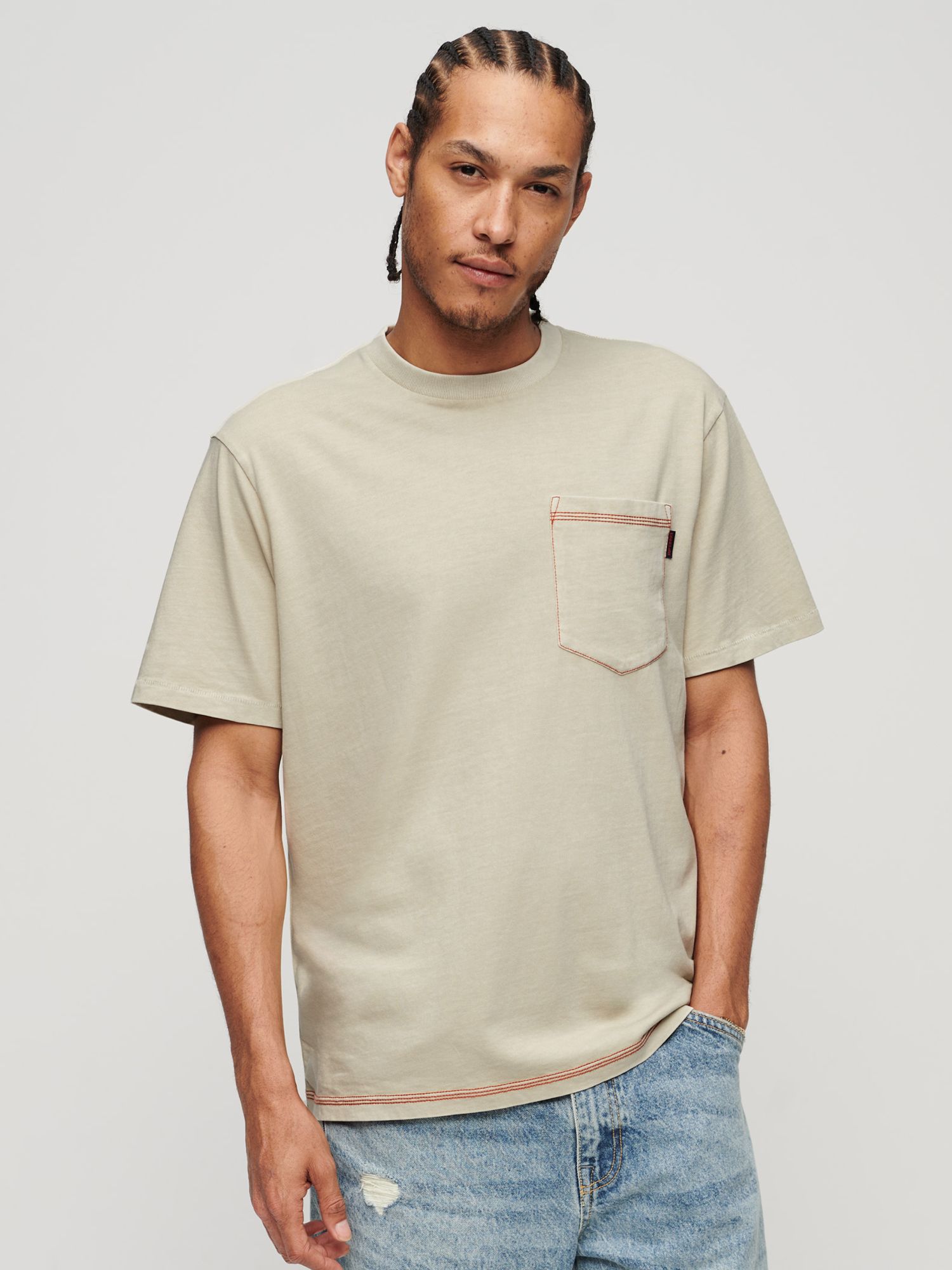 Superdry Contrast Stitch Pocket T-Shirt, Pelican Beige, L