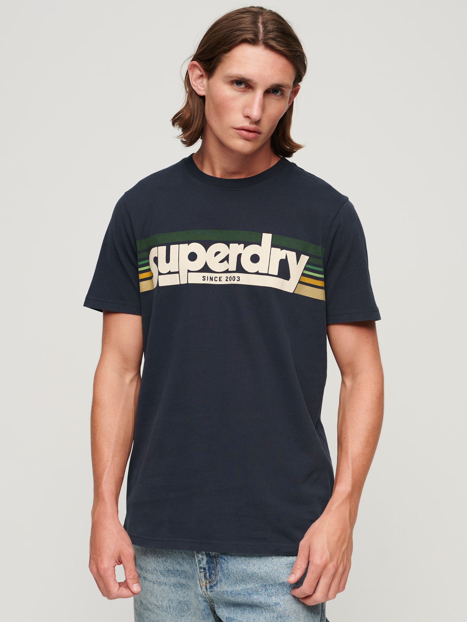 Superdry Terrain Striped Logo T-Shirt, Eclipse Navy at John Lewis ...