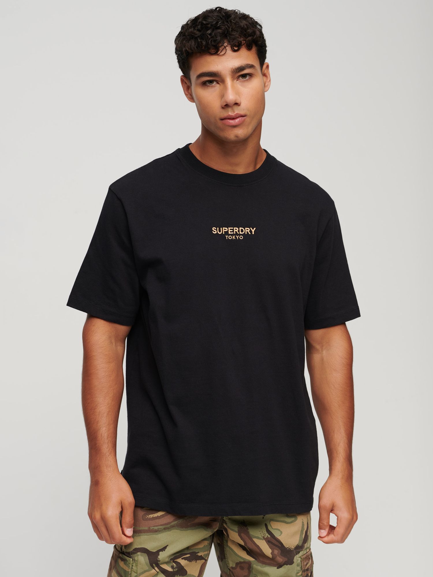 Superdry Luxury Sport Loose T-Shirt, Black/Gold at John Lewis & Partners