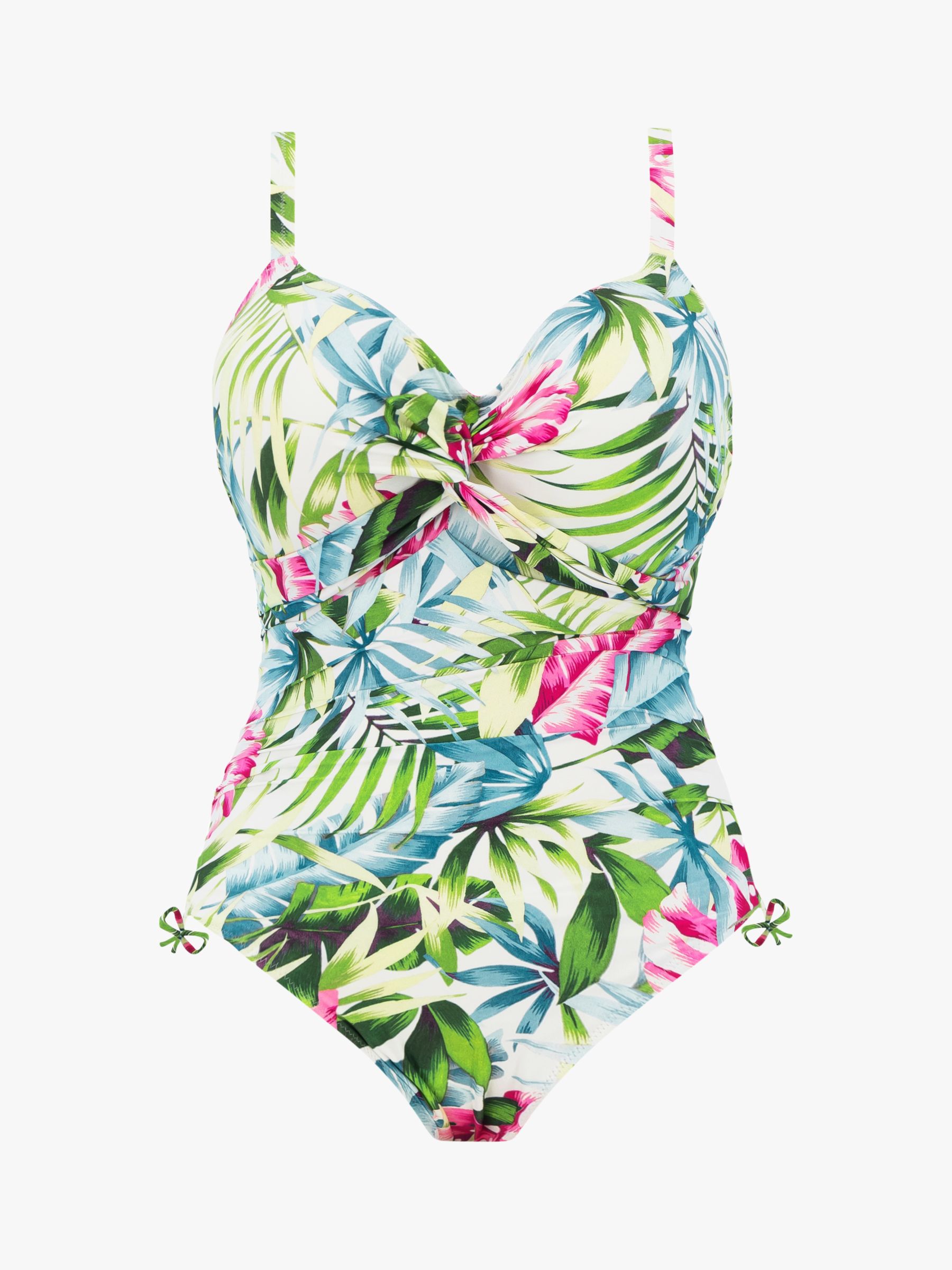 Fantasie Langkawi Palm Print Underwired Twist Front Swimsuit, White/Multi, 32DD