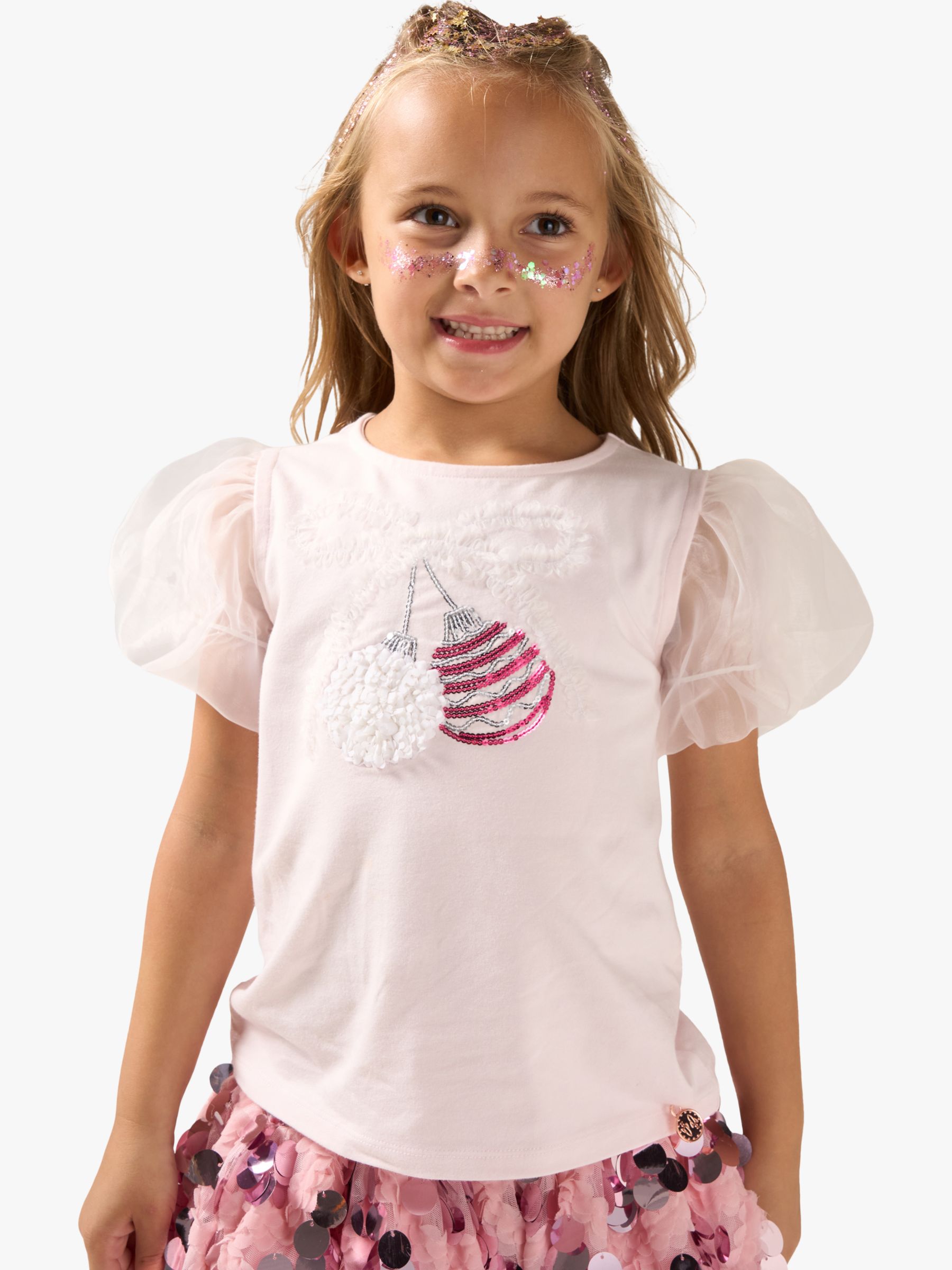 Angel & Rocket Kids' Elodie Bauble Embellished Puff Sleeve T-Shirt, Pink, 10 years