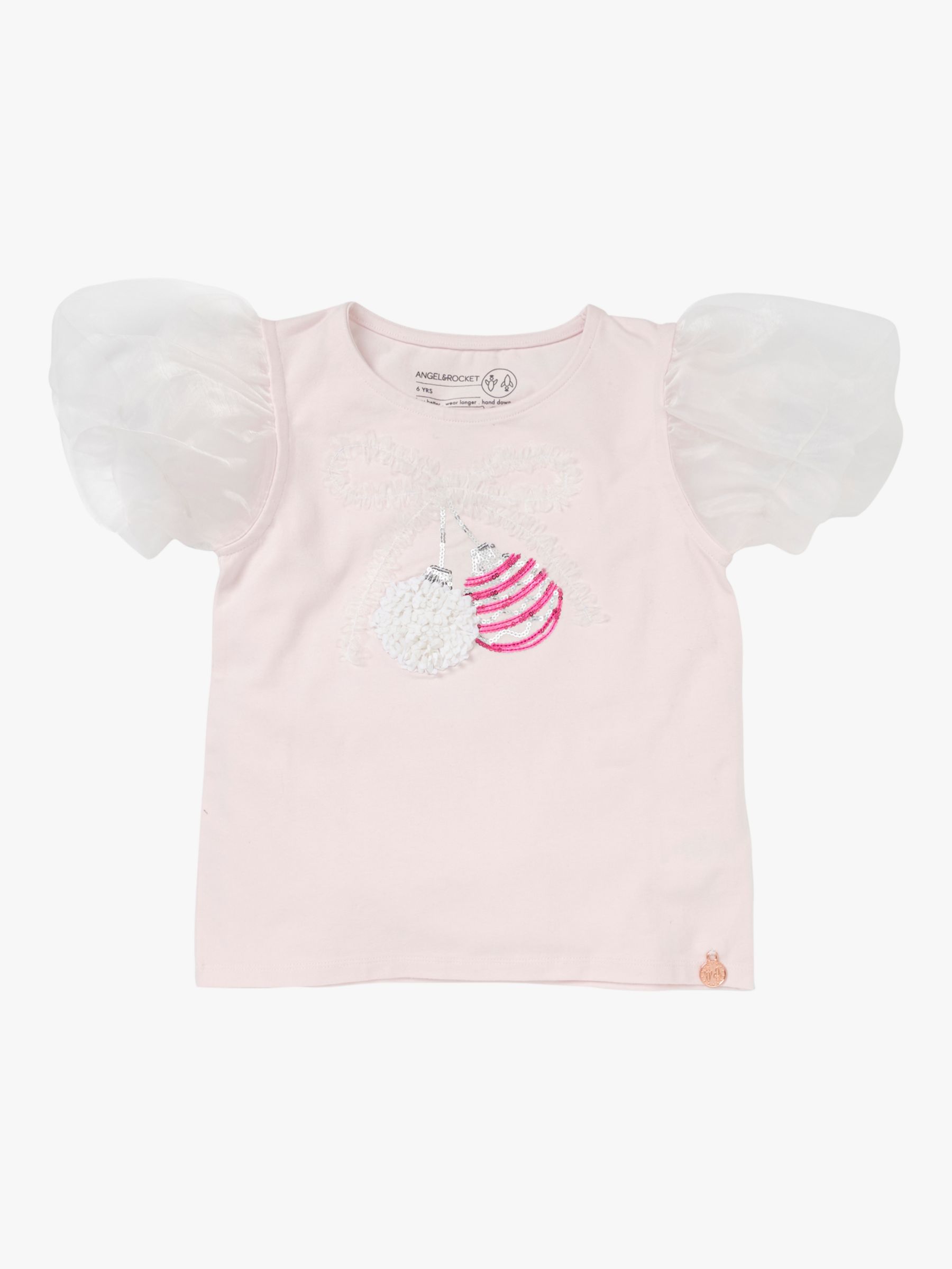 Angel & Rocket Kids' Elodie Bauble Embellished Puff Sleeve T-Shirt, Pink, 10 years