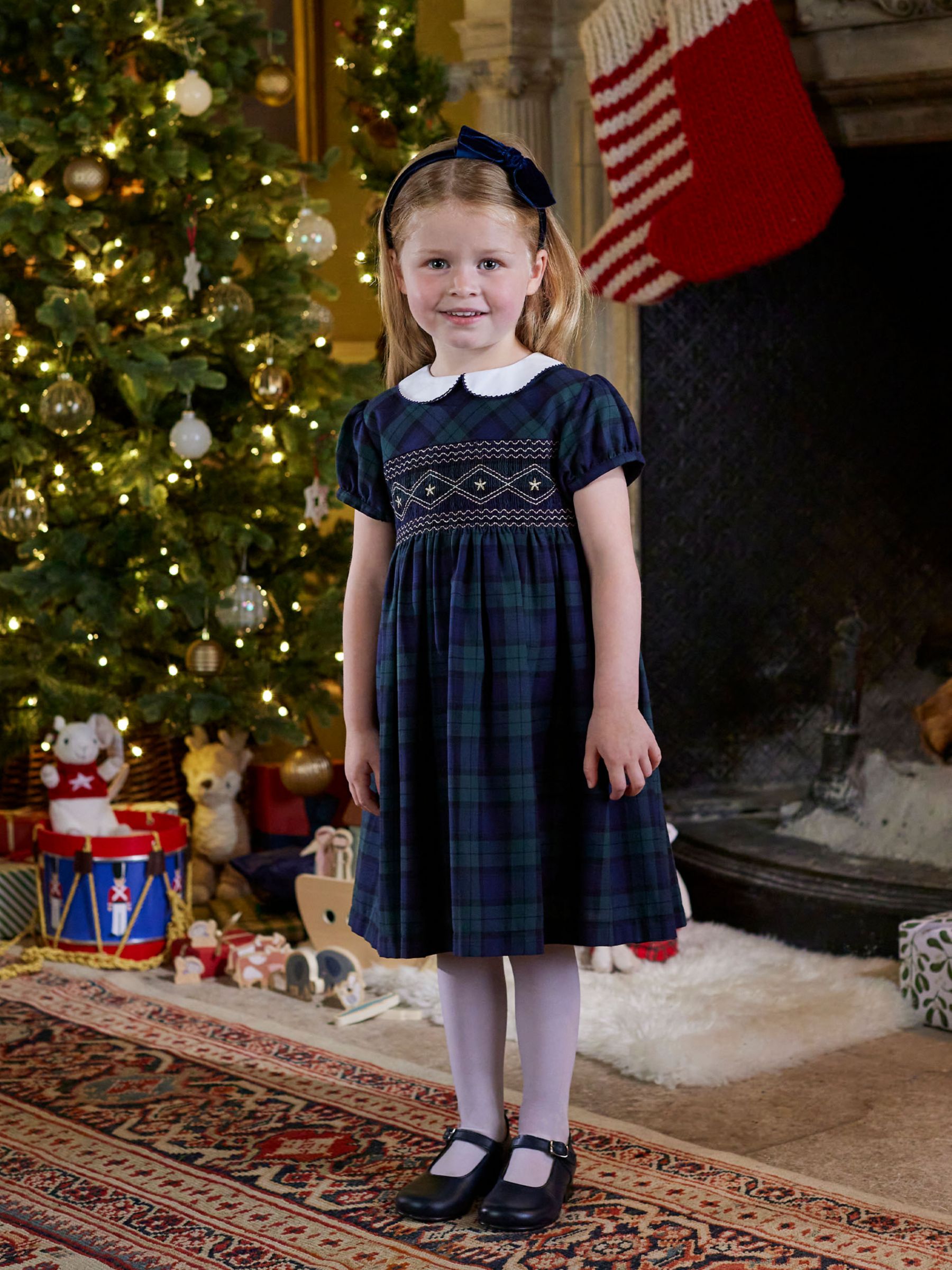 Trotters Kids' Charlotte Tartan Smocked Dress, Navy Tartan, 2 years