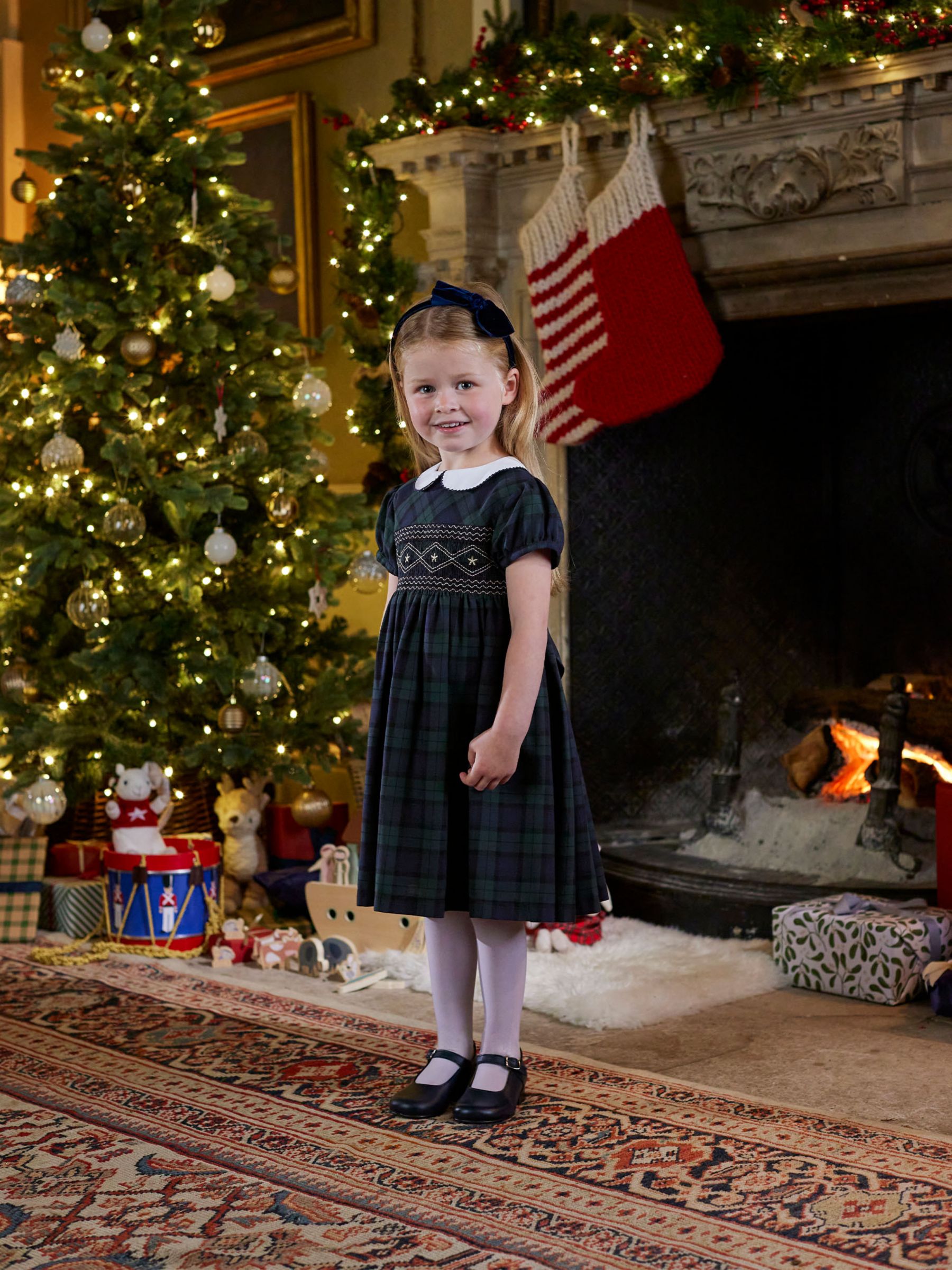 Trotters Kids' Charlotte Tartan Smocked Dress, Navy Tartan, 2 years