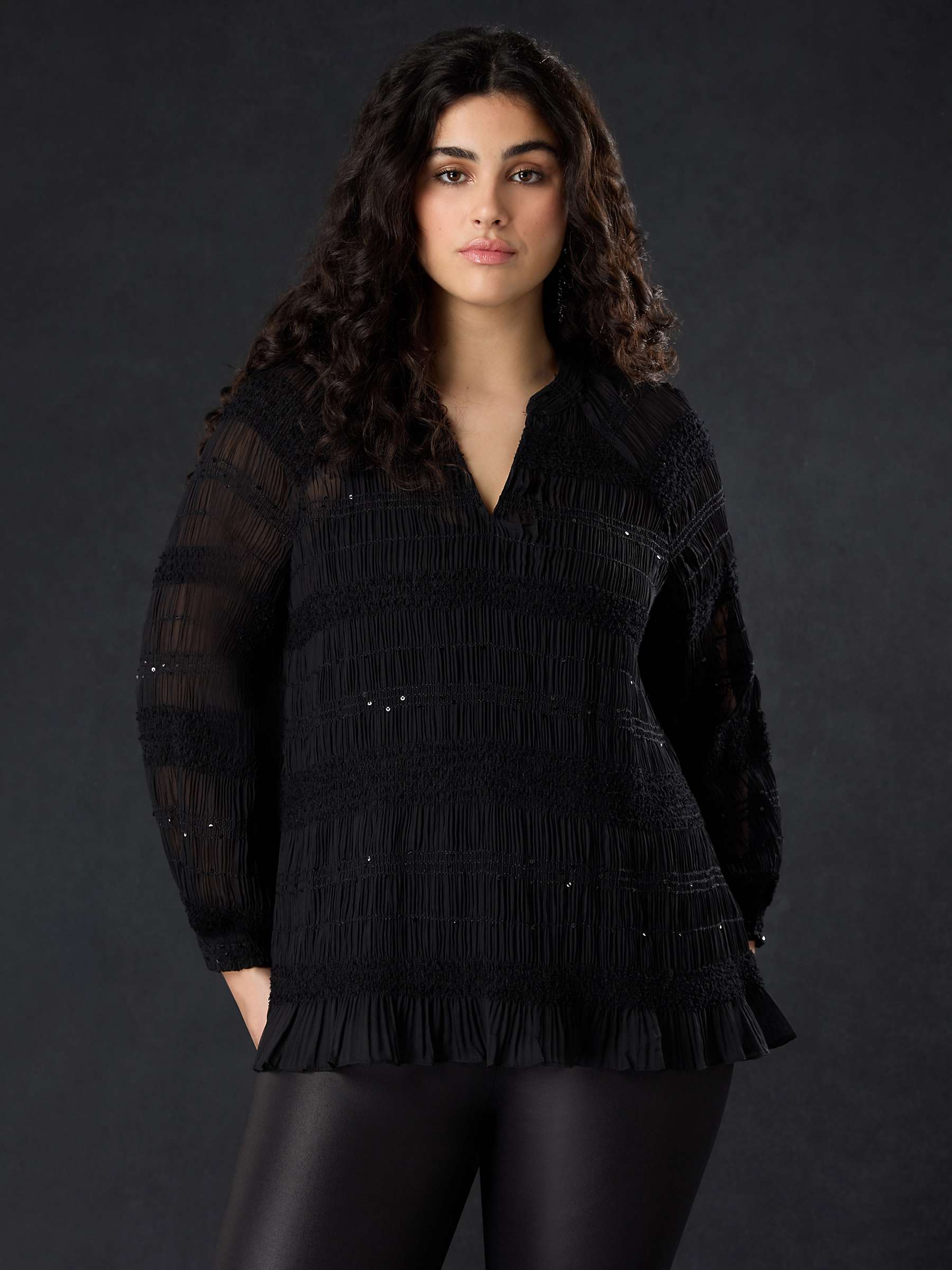 Buy Live Unlimited Curve Sequin Shirred Cuff Blouse, Black Online at johnlewis.com