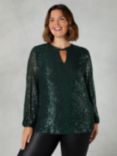 Live Unlimited Curve Sequin Keyhole Front Blouse, Green