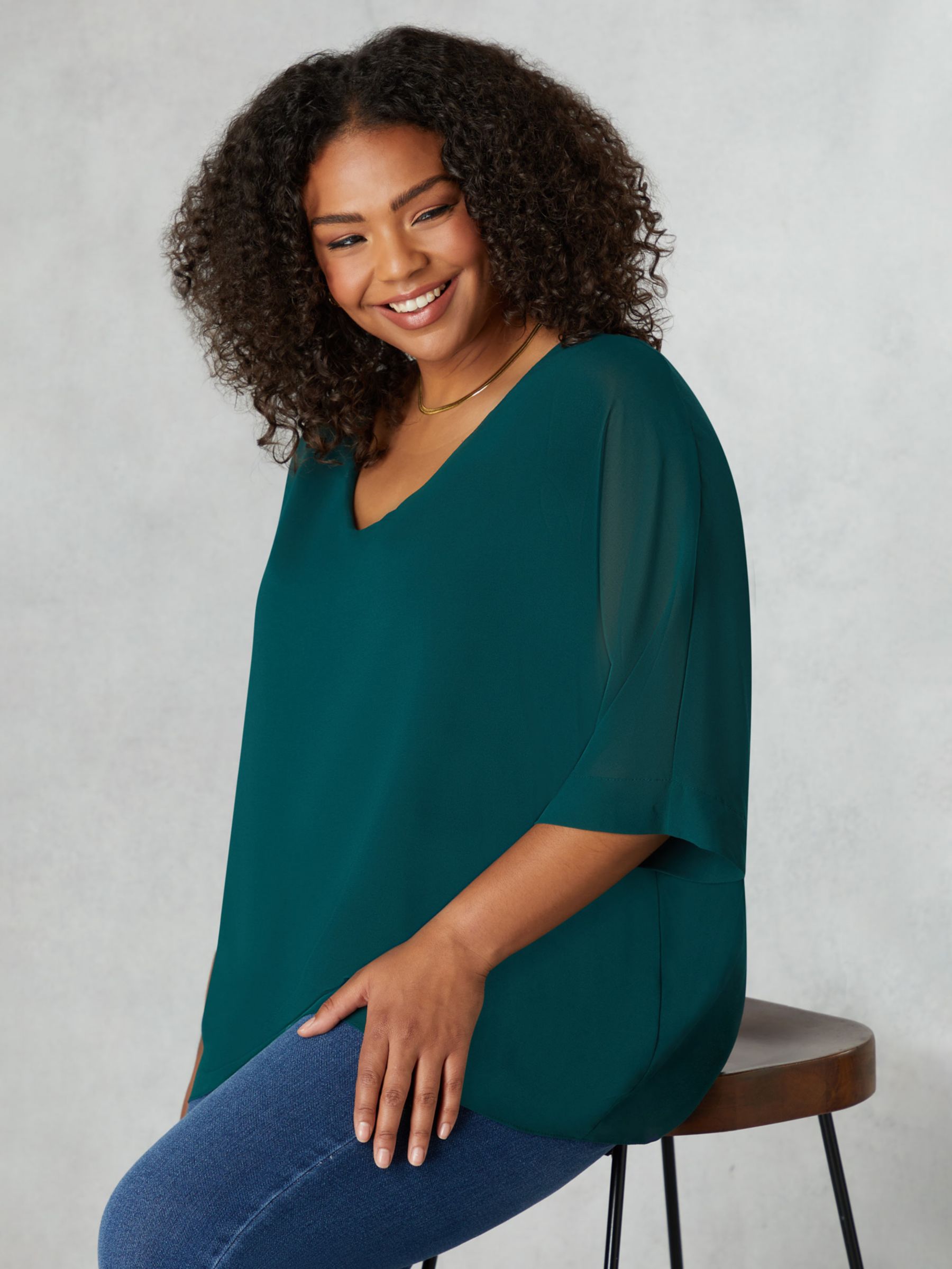 Live Unlimited Curve Chiffon V Neck Overlay Top, Green at John Lewis &  Partners