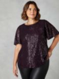 Live Unlimited Curve Sequin Flutter Sleeve Top, Purple