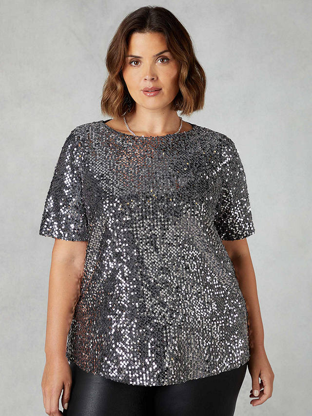 Live Unlimited Curve Sequin Short Sleeve Top, Grey