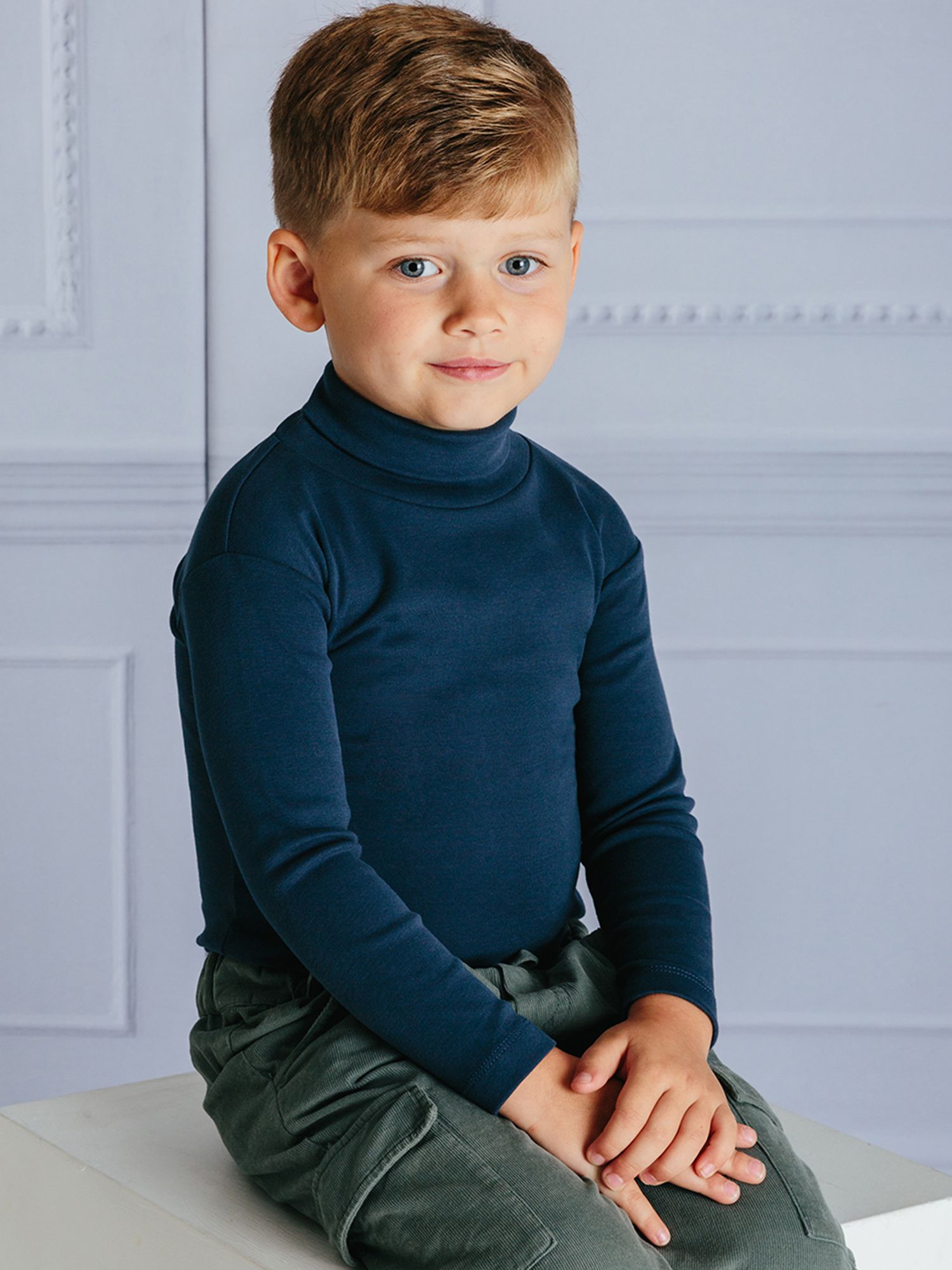Trotters Classic Roll Neck Top, Navy, 2-3 years