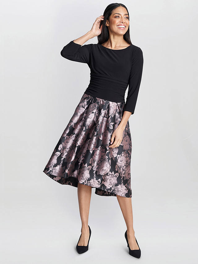 Gina Bacconi Hannah Floral Jacquard Midi Dress, Black/Pink
