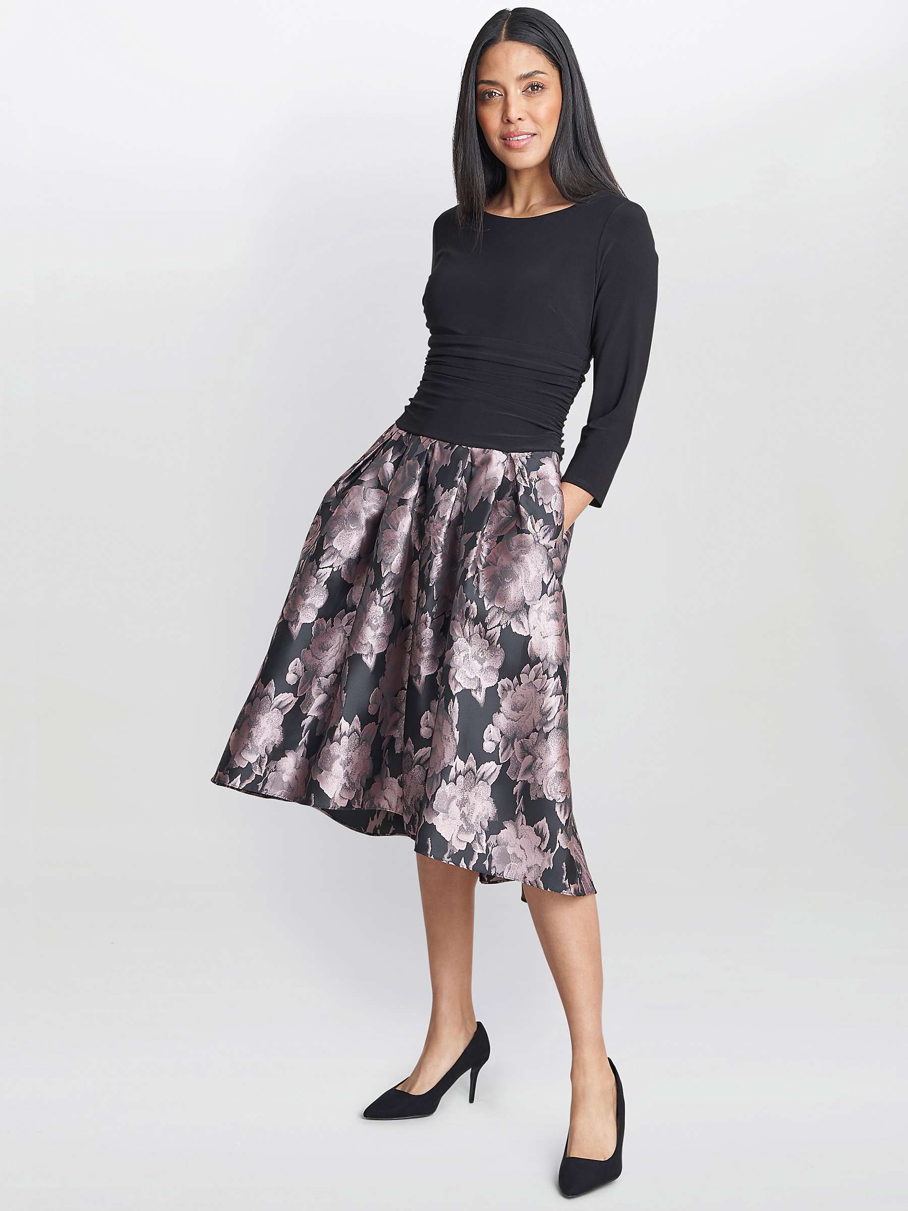 Buy Gina Bacconi Hannah Floral Jacquard Midi Dress, Black/Pink Online at johnlewis.com
