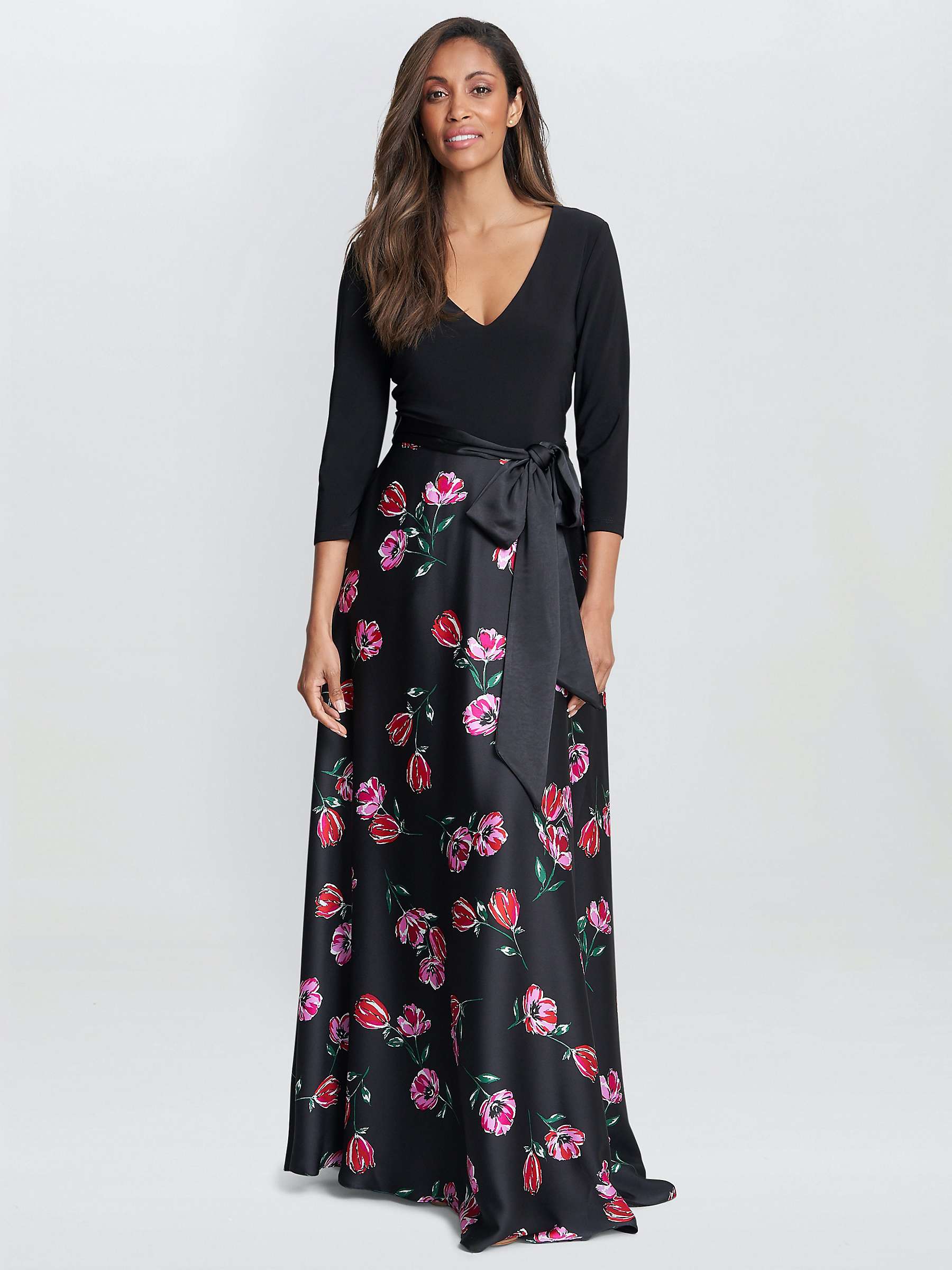 Buy Gina Bacconi Athena Floral Satin Skirt Maxi Dress, Black/Pink Online at johnlewis.com