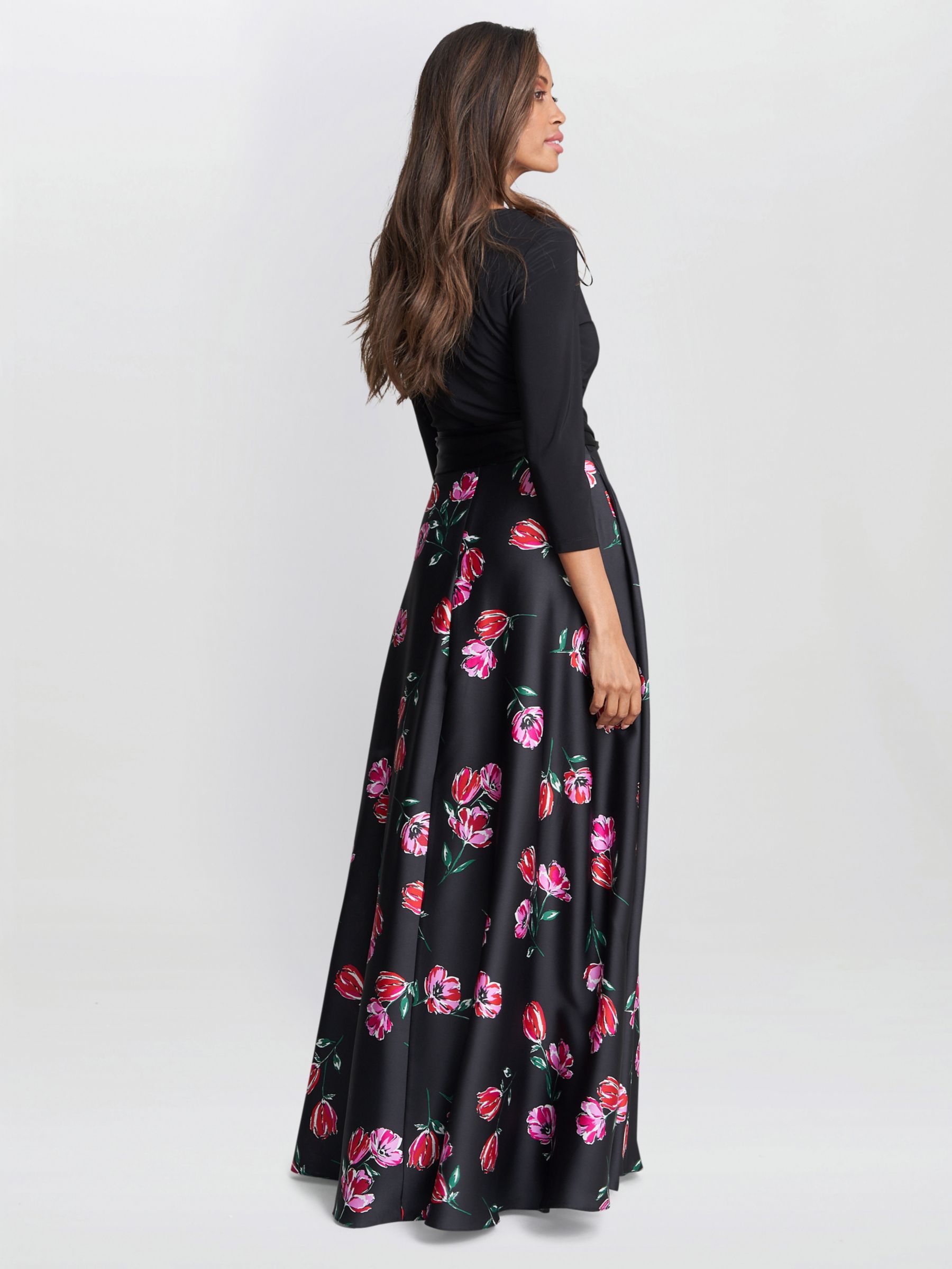 Gina Bacconi Athena Floral Satin Skirt Maxi Dress, Black/Pink, 10