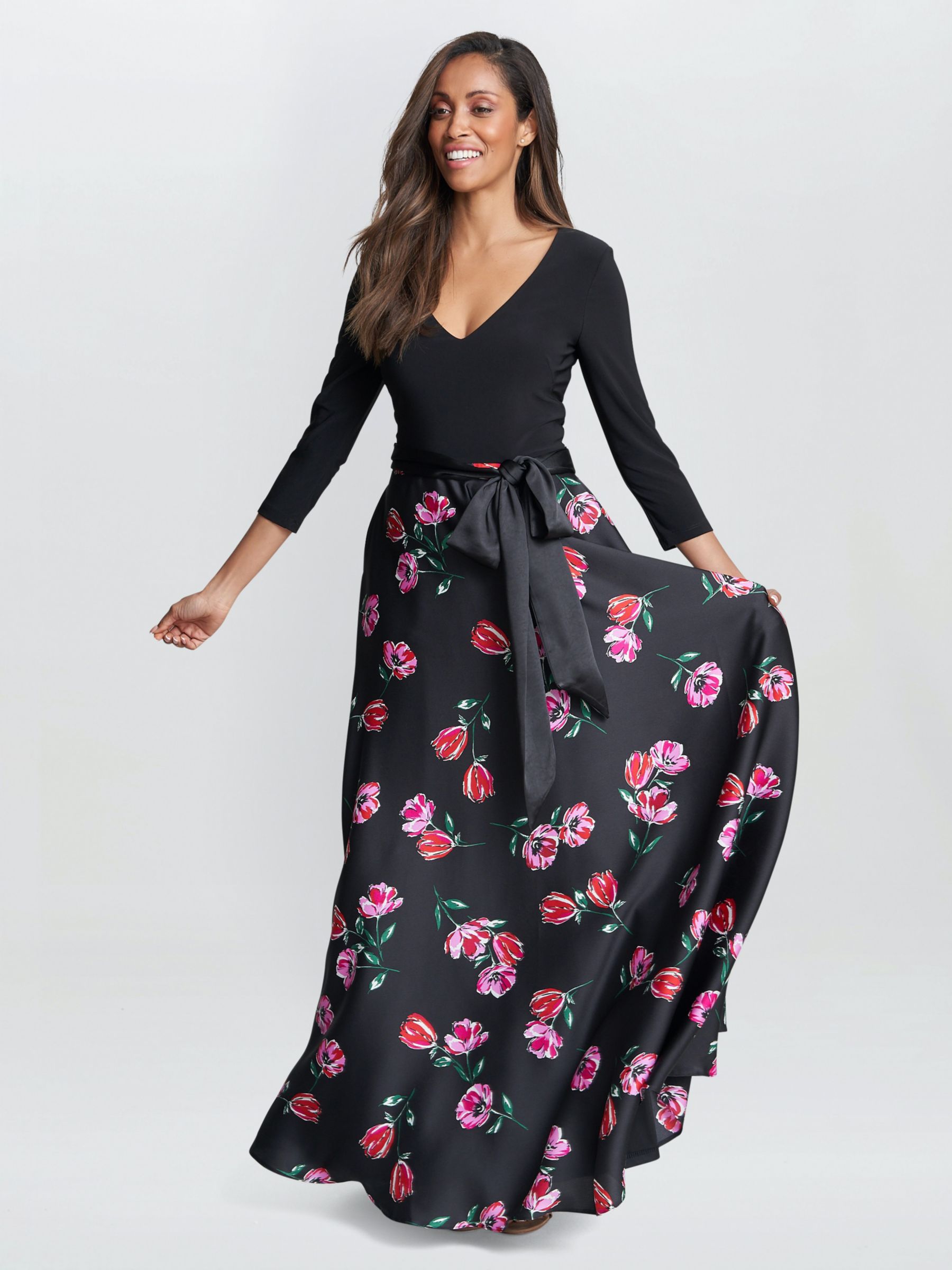 Gina Bacconi Athena Floral Satin Skirt Maxi Dress, Black/Pink, 10
