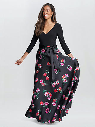 Gina Bacconi Athena Floral Satin Skirt Maxi Dress, Black/Pink