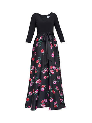 Gina Bacconi Athena Floral Satin Skirt Maxi Dress, Black/Pink