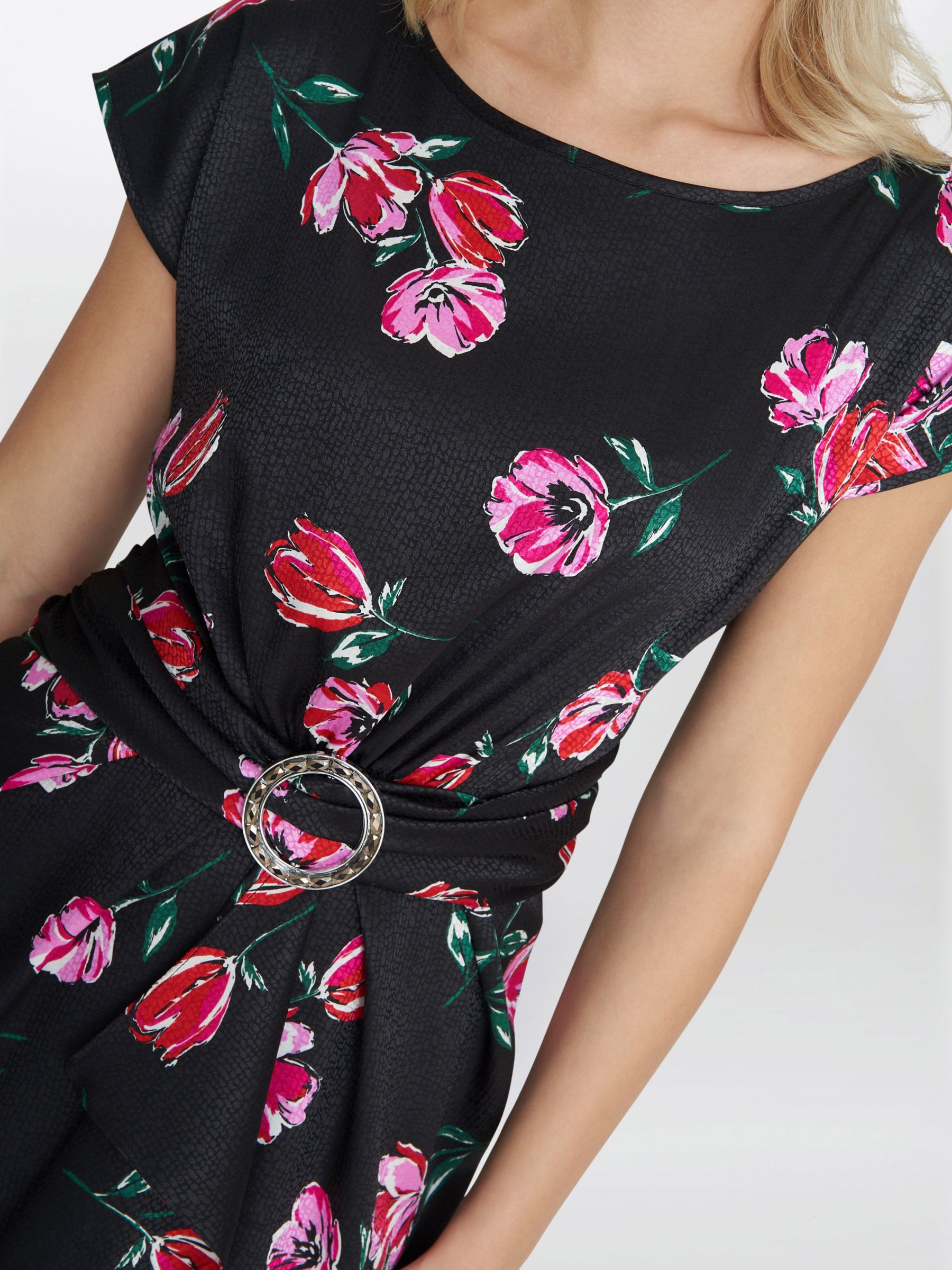 Gina Bacconi Saffron Floral Waterfall Midi Dress, Black/Pink, 20