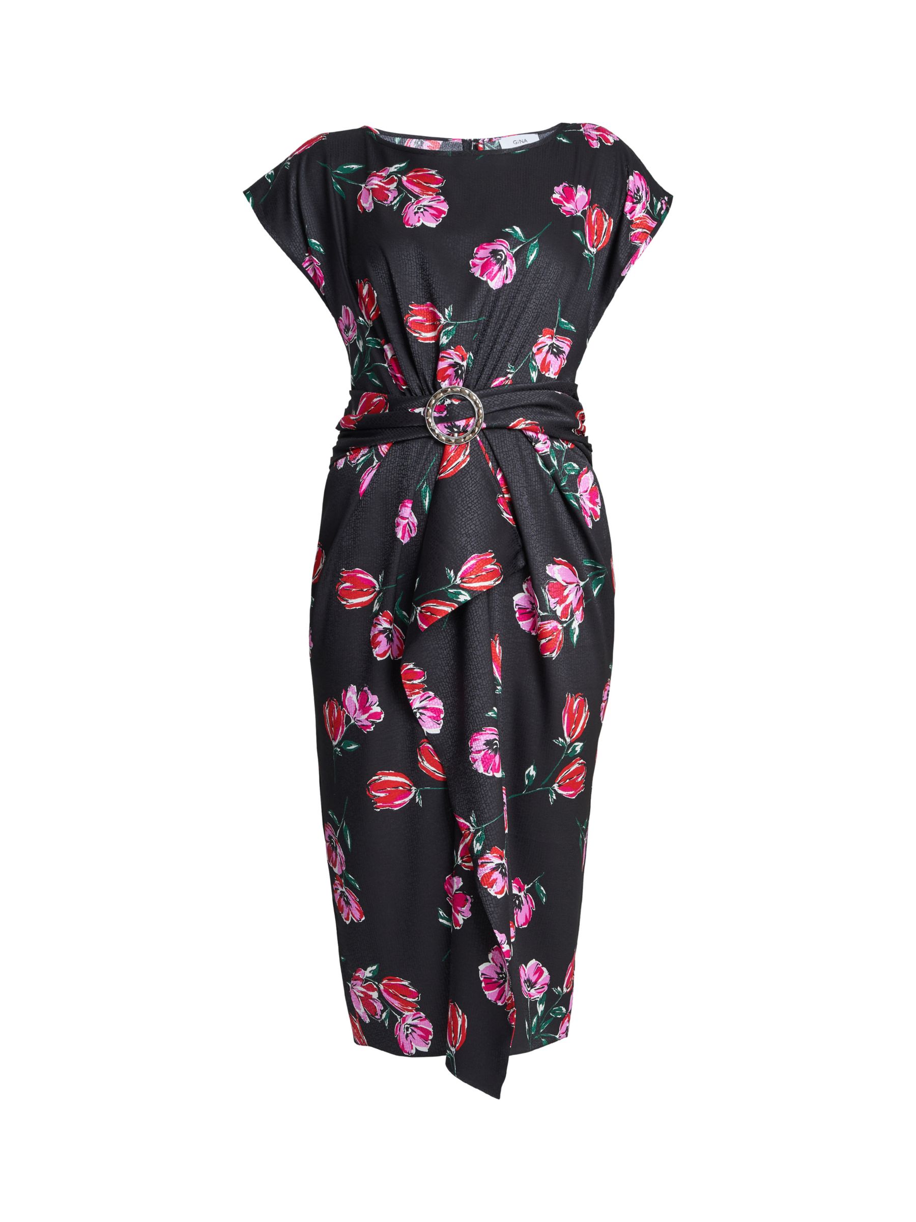 Gina Bacconi Saffron Floral Waterfall Midi Dress, Black/Pink, 20