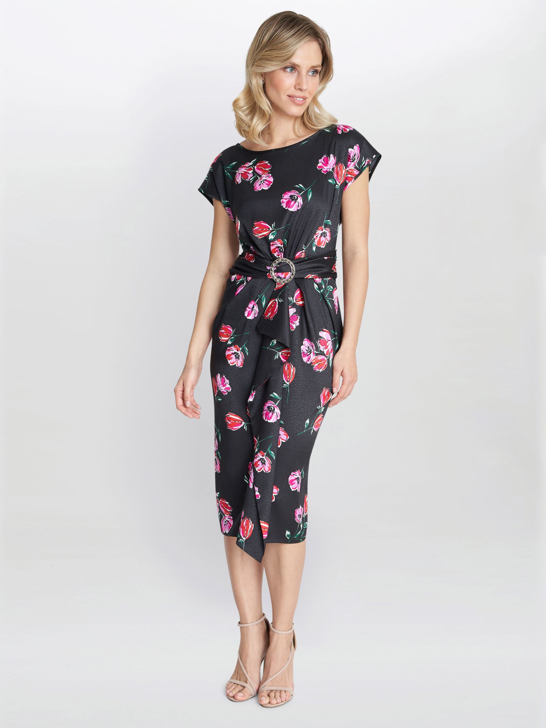 Gina Bacconi Saffron Floral Waterfall Midi Dress, Black/Pink, 20