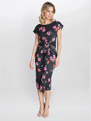 Gina Bacconi Saffron Floral Waterfall Midi Dress, Black/Pink