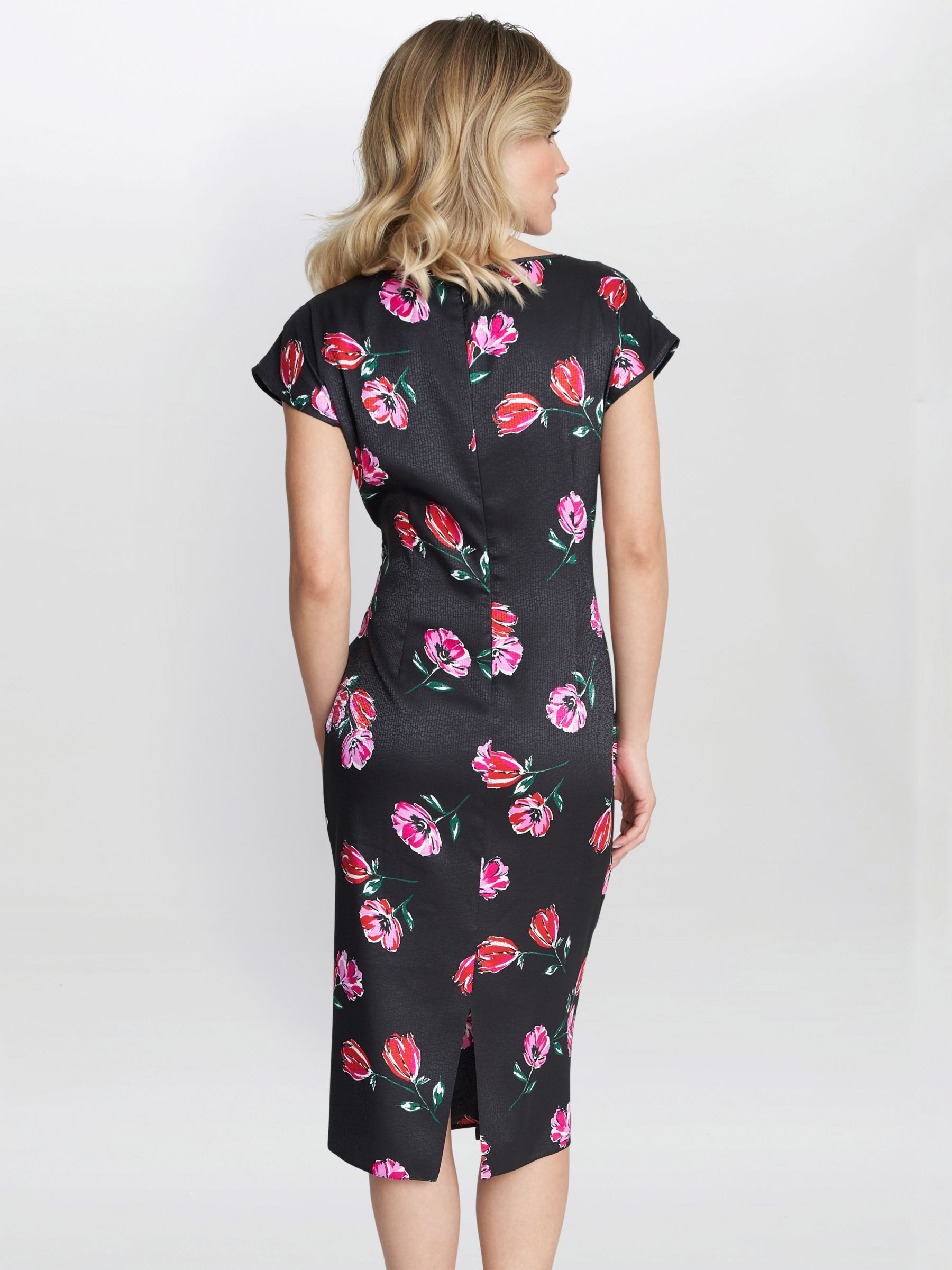 Gina Bacconi Saffron Floral Waterfall Midi Dress, Black/Pink, 20