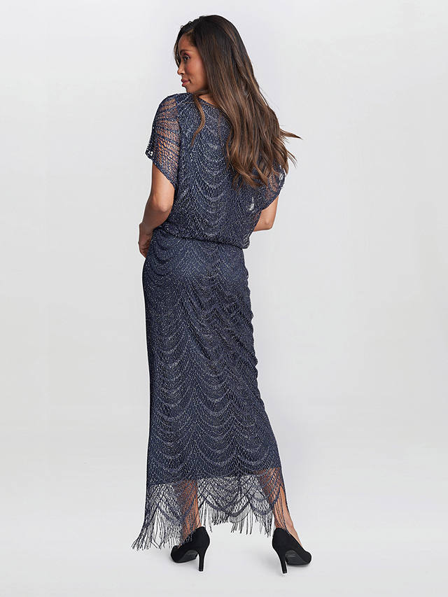 Gina Bacconi Arleen Long Blouson Fringe Hem Dress, Navy/Silver