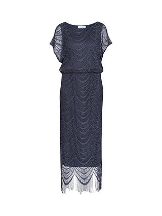 Gina Bacconi Arleen Long Blouson Fringe Hem Dress, Navy/Silver