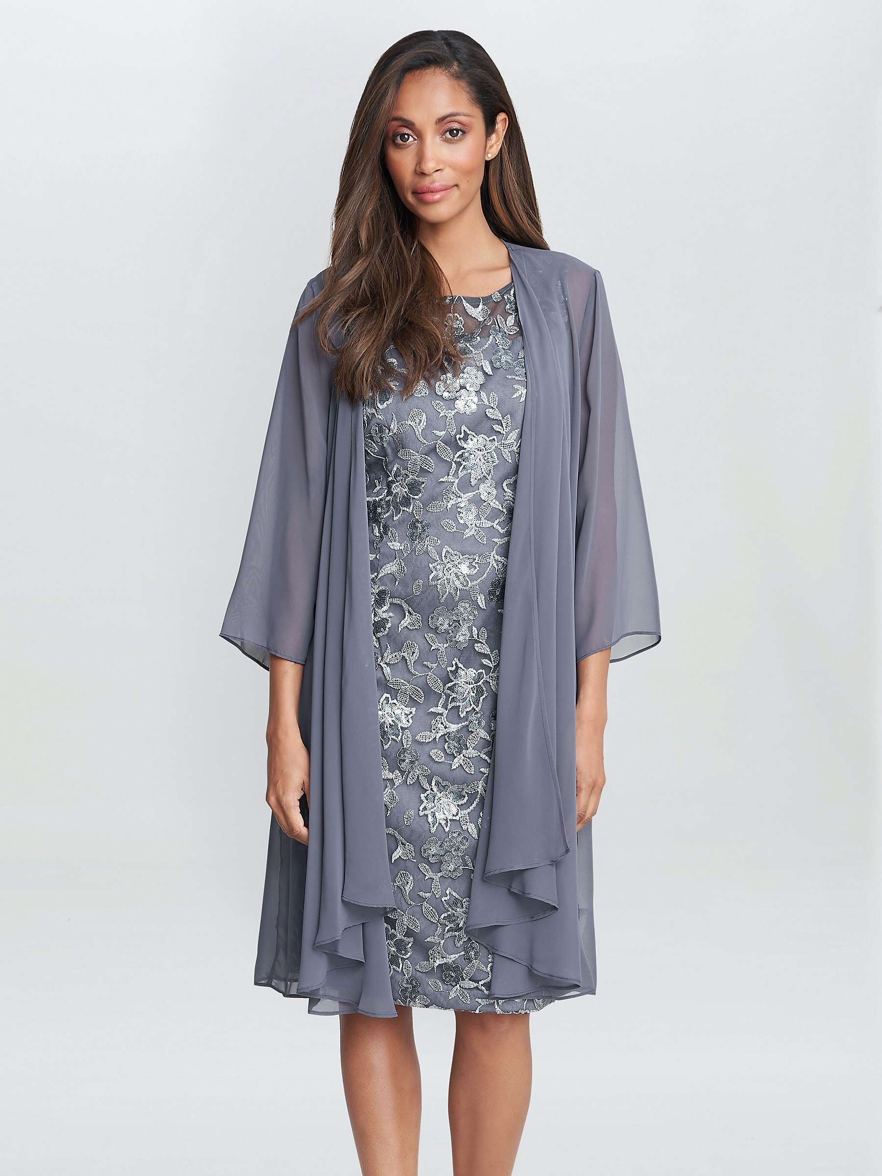 Buy Gina Bacconi Gladys Embroidered Dress with Chiffon Jacket, Pewter Online at johnlewis.com