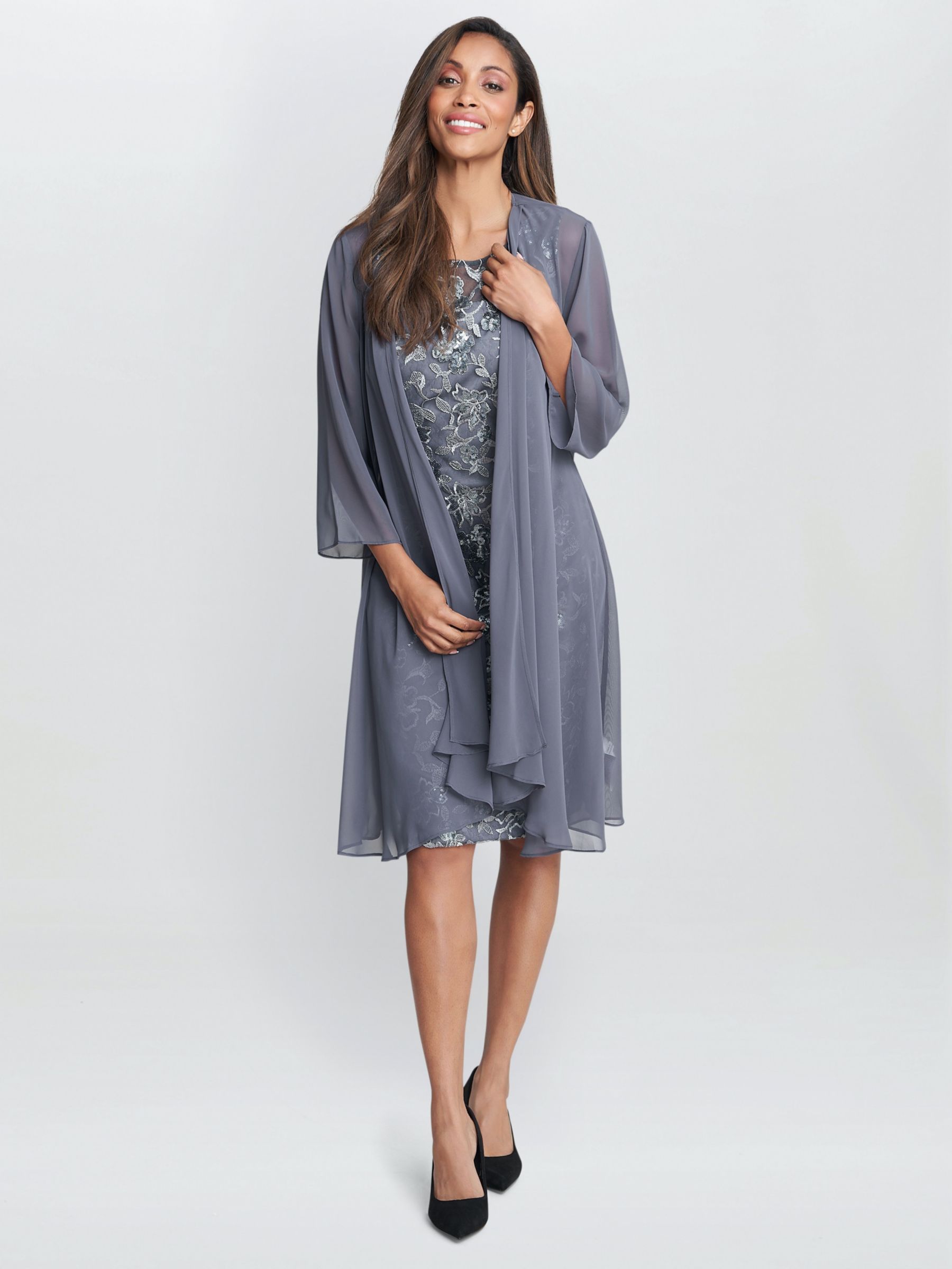 Buy Gina Bacconi Gladys Embroidered Dress with Chiffon Jacket, Pewter Online at johnlewis.com