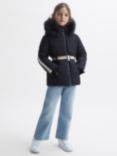 Reiss Kids' Cara Quilted Faux Fur Trim Hooded Ski Coat, Navy