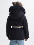 Reiss Kids' Cara Quilted Faux Fur Trim Hooded Ski Coat, Navy