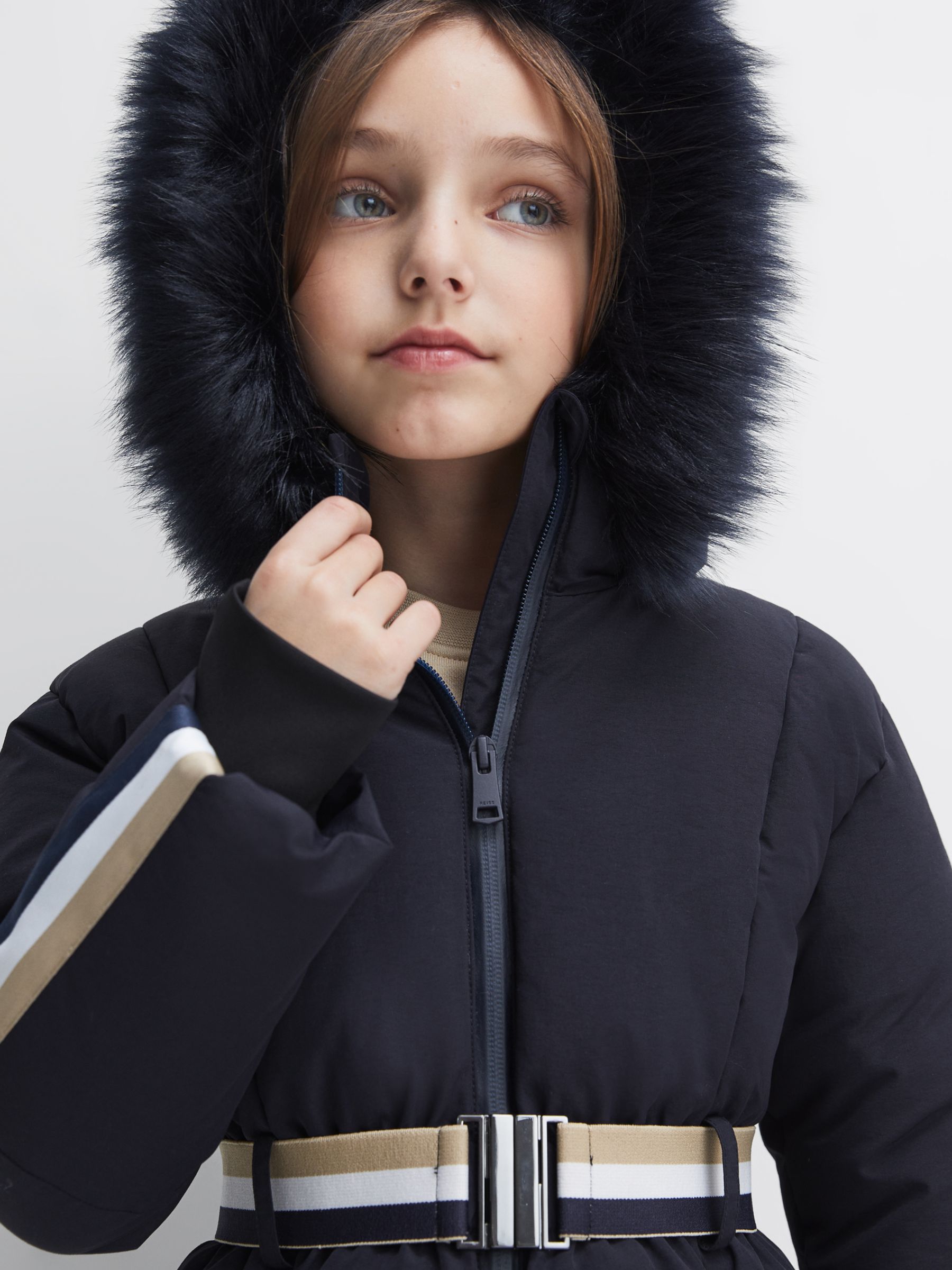 Reiss Kids' Cara Quilted Faux Fur Trim Hooded Ski Coat, Navy, 4-5 years