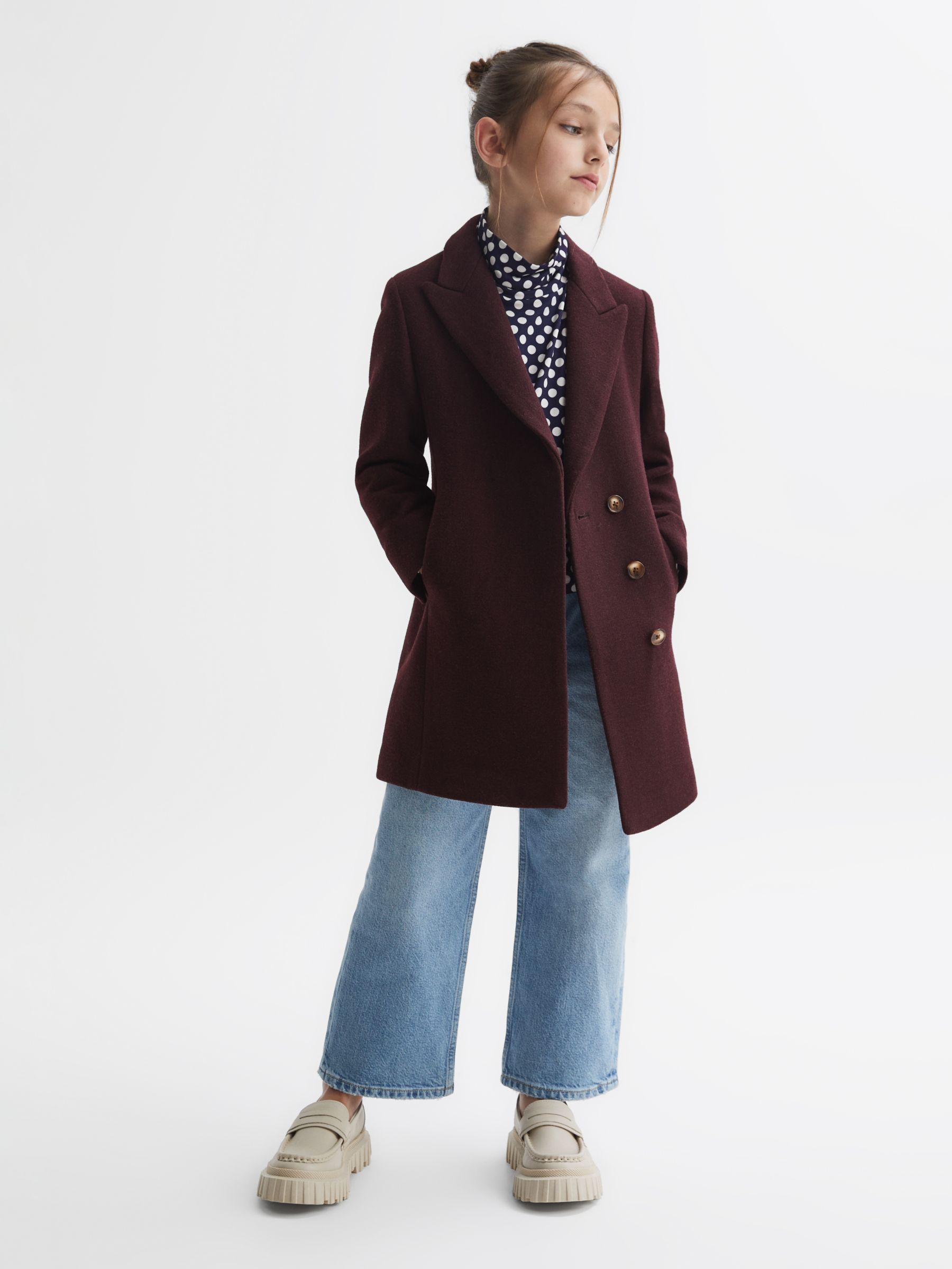 Reiss Kids' Harlow Wool Blend Mid Length Coat, Berry, 5-6 years
