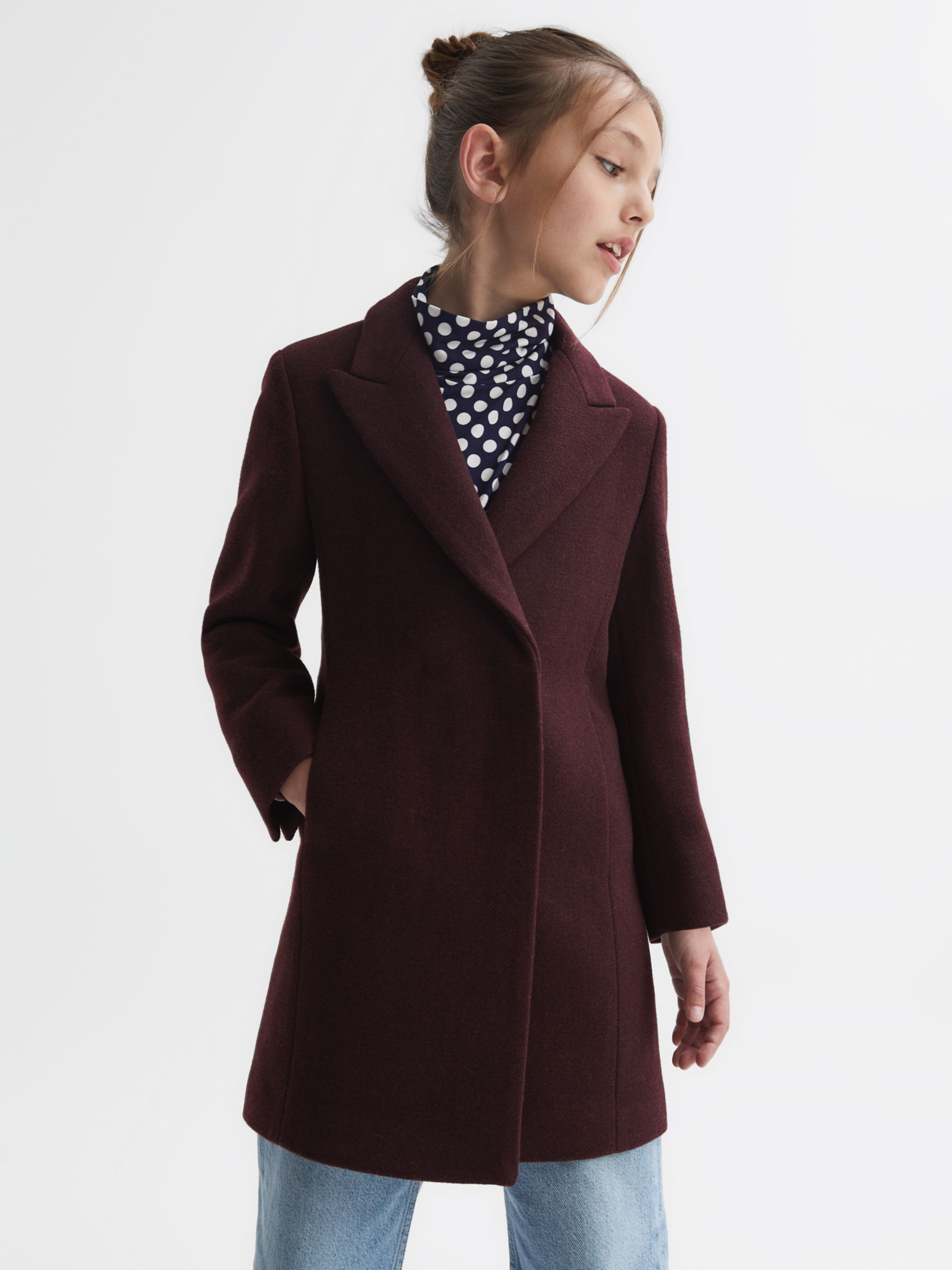 Reiss Kids' Harlow Wool Blend Mid Length Coat, Berry, 5-6 years