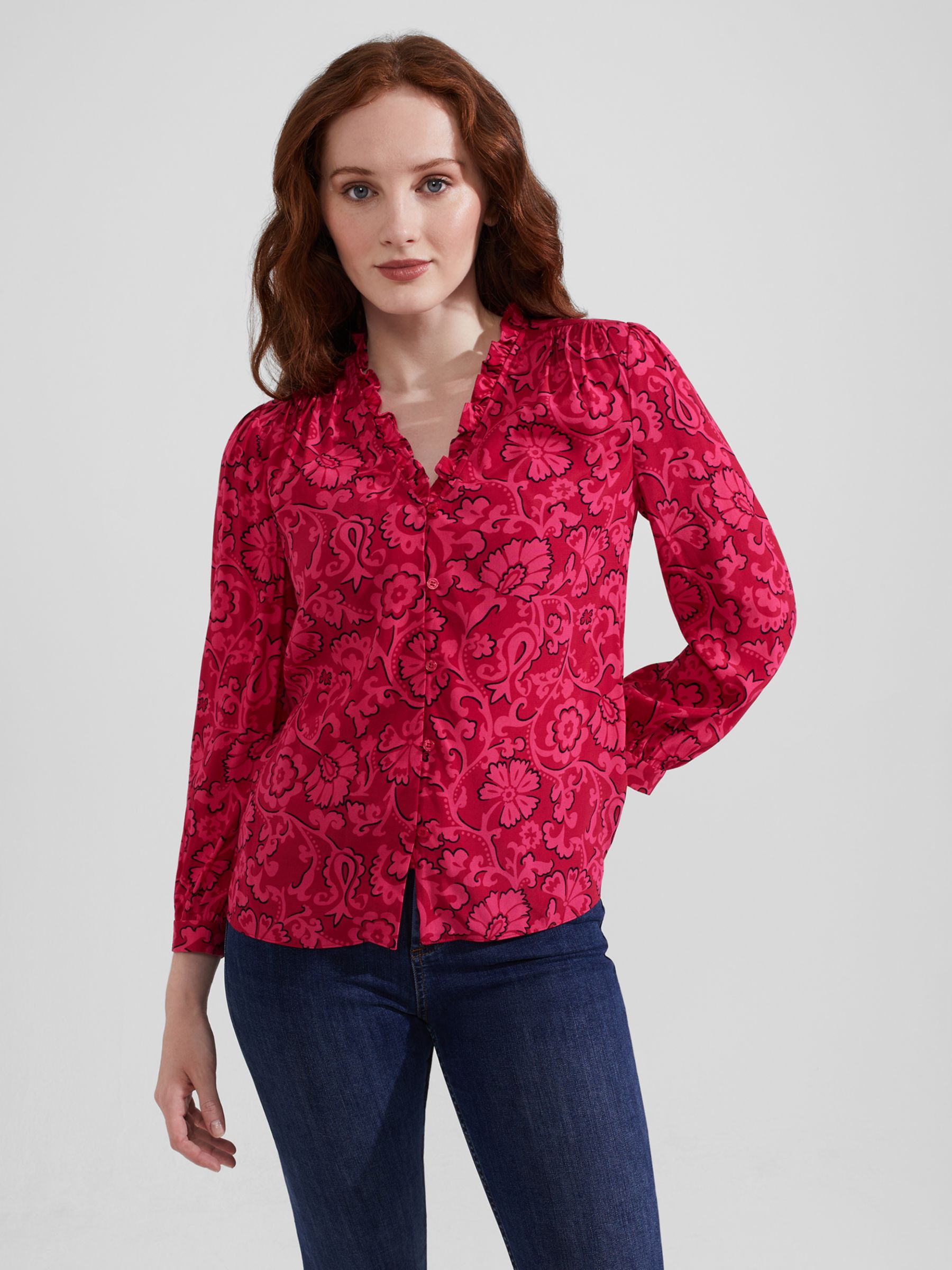 Hobbs Gloria Floral Frill Trim Shirt, Red/Pink at John Lewis & Partners