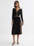 Reiss Mia Knitted Colourblock Pleated Midi Dress, Black/Camel