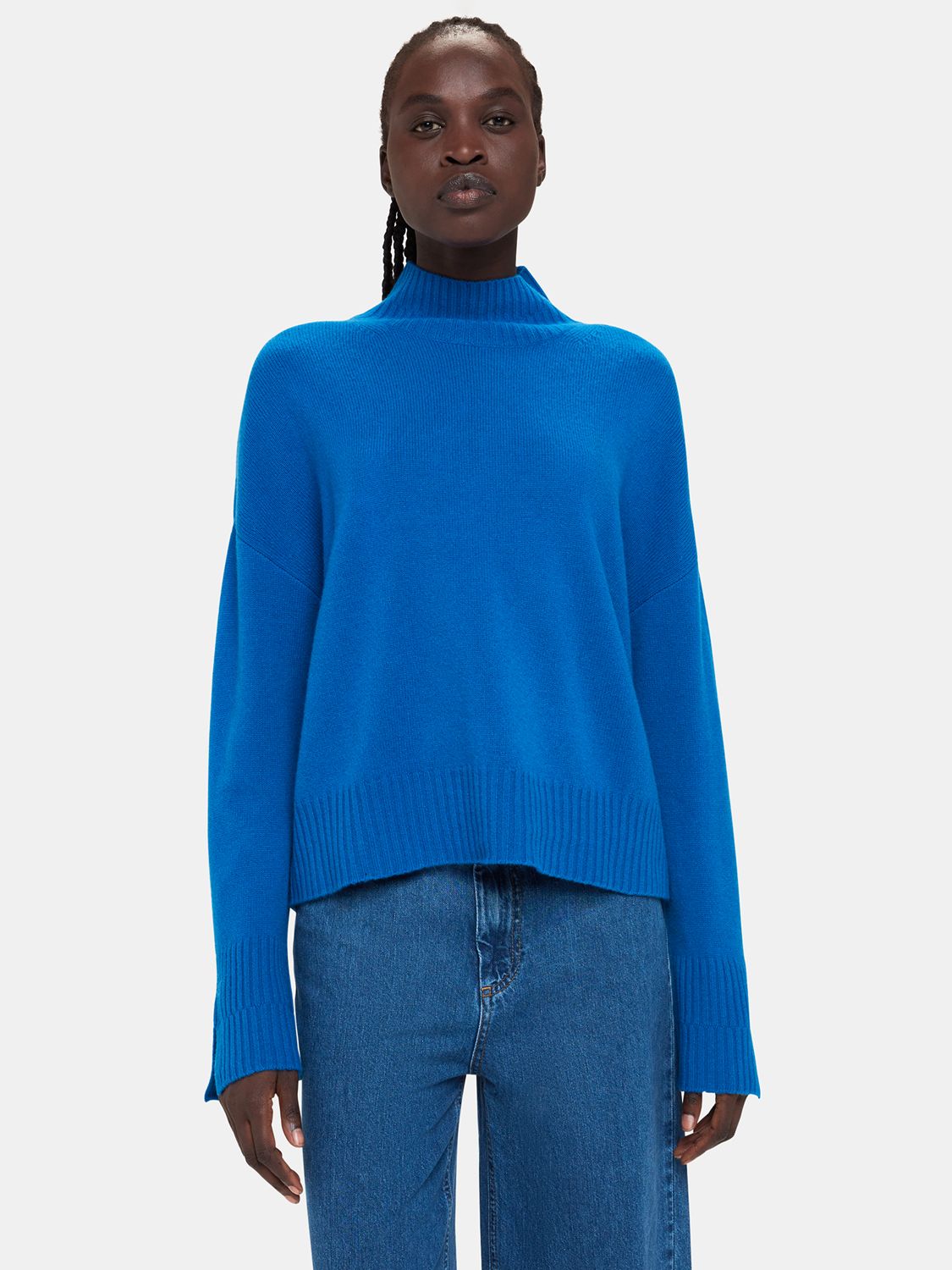 Whistles Wool Double Trim Funnel Neck Jumper, Blue at John Lewis & Partners